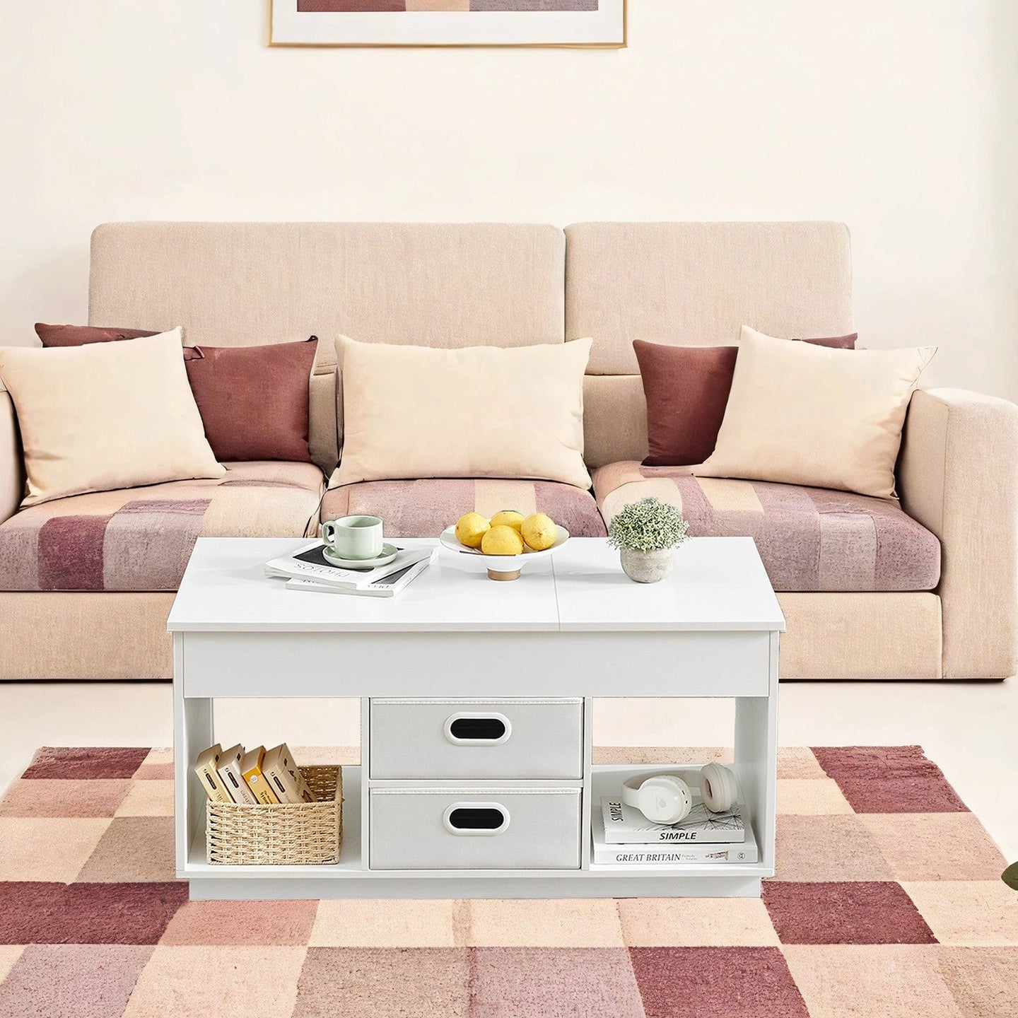 Lift Top Coffee Table - Wood - Snow White - Features Hidden Compartments and 2 Drawers