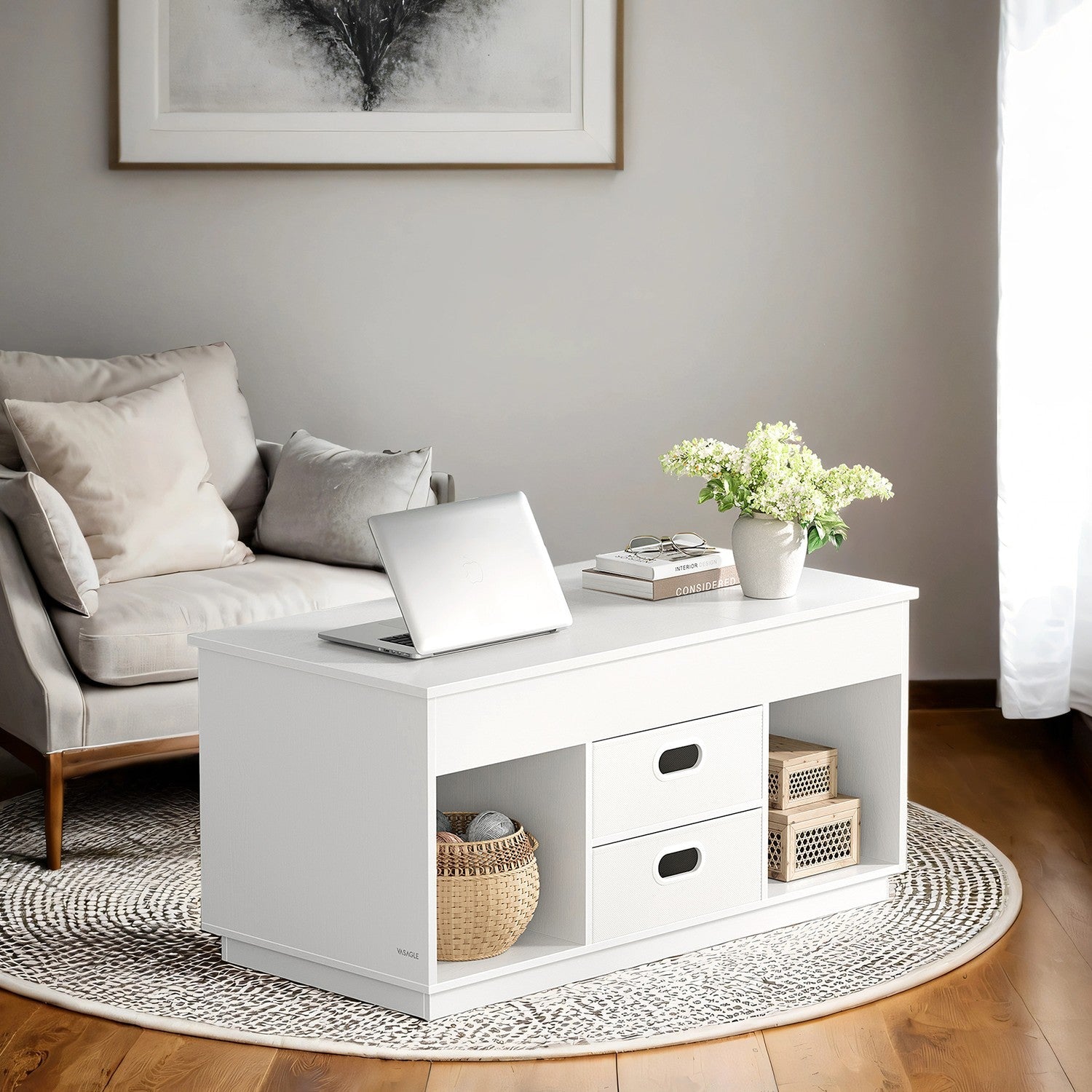Lift Top Coffee Table - Wood - Snow White - Features Hidden Compartments and 2 Drawers