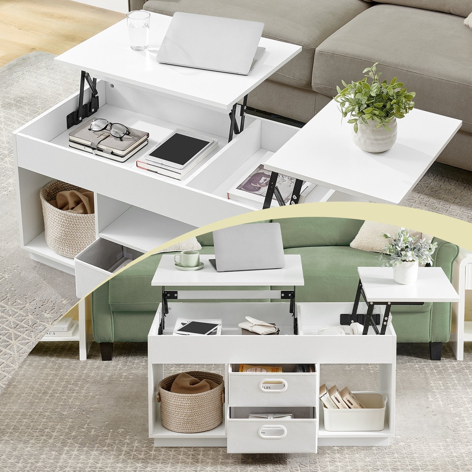 Lift Top Coffee Table - Wood - Snow White - Features Hidden Compartments and 2 Drawers