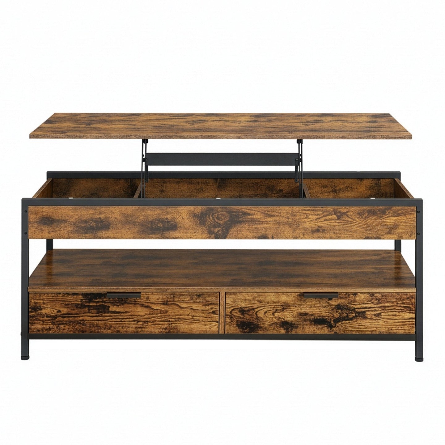 Lift Top Coffee Table - Wood - Rustic Brown - With Storage Drawers and Open Shelf