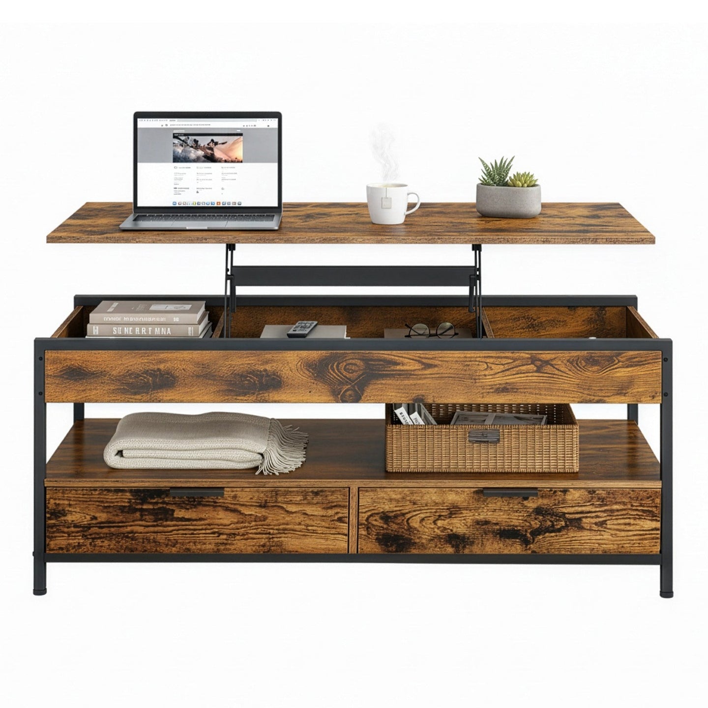 Lift Top Coffee Table - Wood - Rustic Brown - With Storage Drawers and Open Shelf