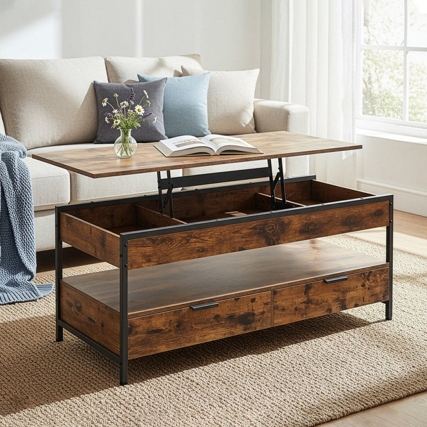 Lift Top Coffee Table - Wood - Rustic Brown - With Storage Drawers and Open Shelf