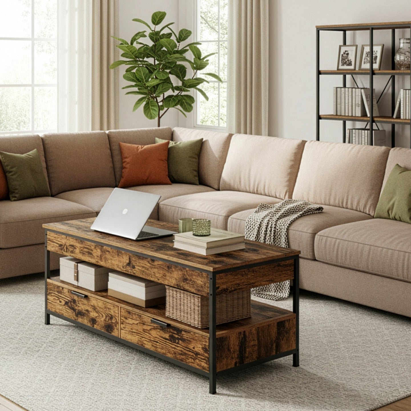 Lift Top Coffee Table - Wood - Rustic Brown - With Storage Drawers and Open Shelf