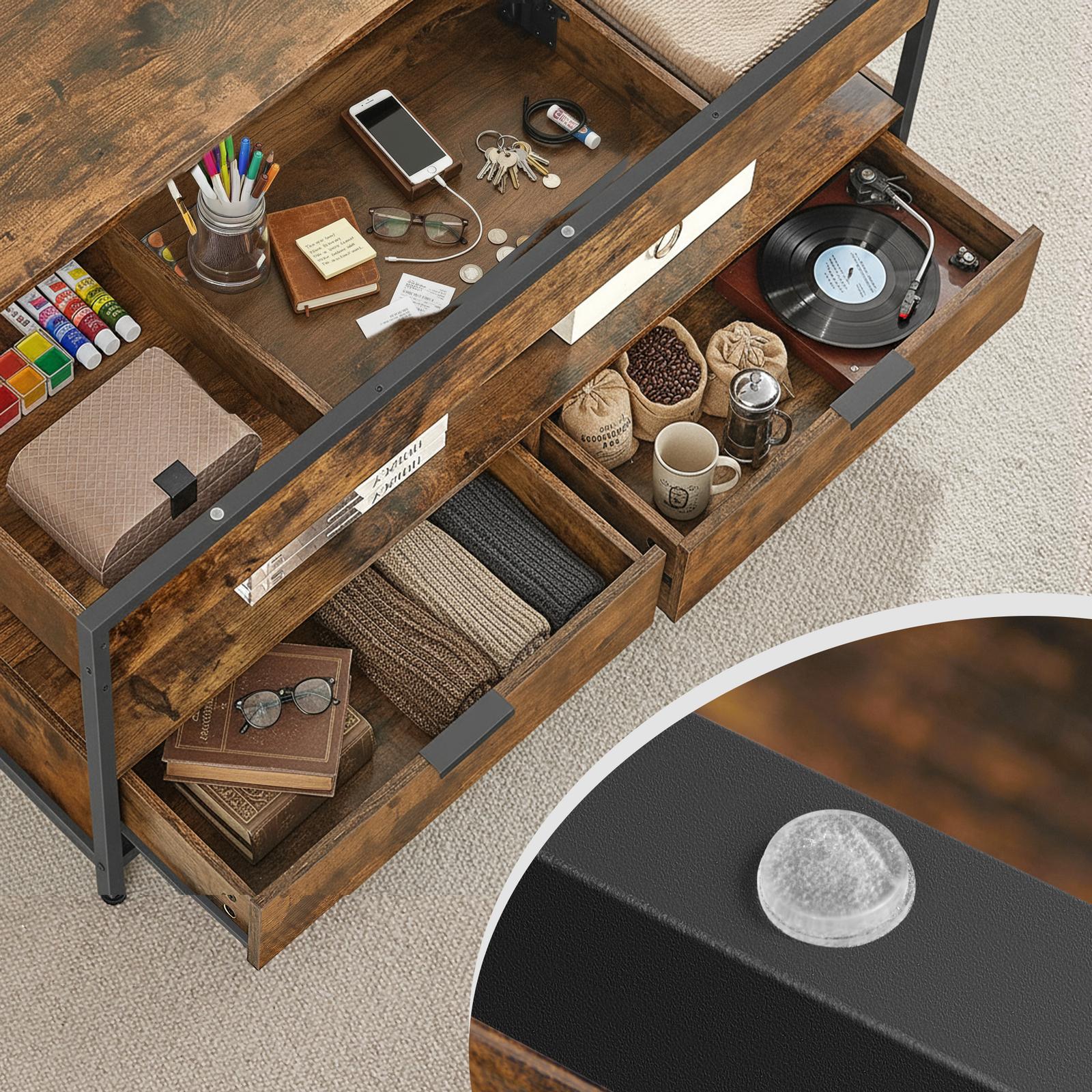 Lift Top Coffee Table - Wood - Rustic Brown - With Storage Drawers and Open Shelf