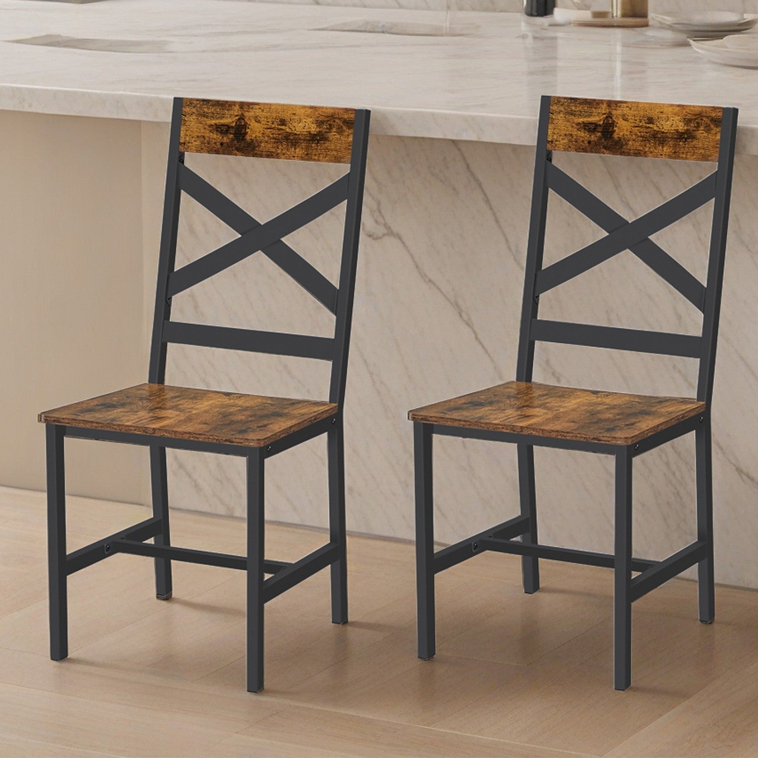 Set of 2 Dining Chairs - Steel - Rustic Brown and Black - Ergonomic Design