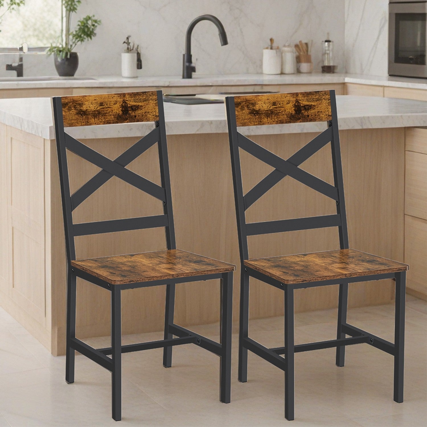 Set of 2 Dining Chairs - Steel - Rustic Brown and Black - Ergonomic Design