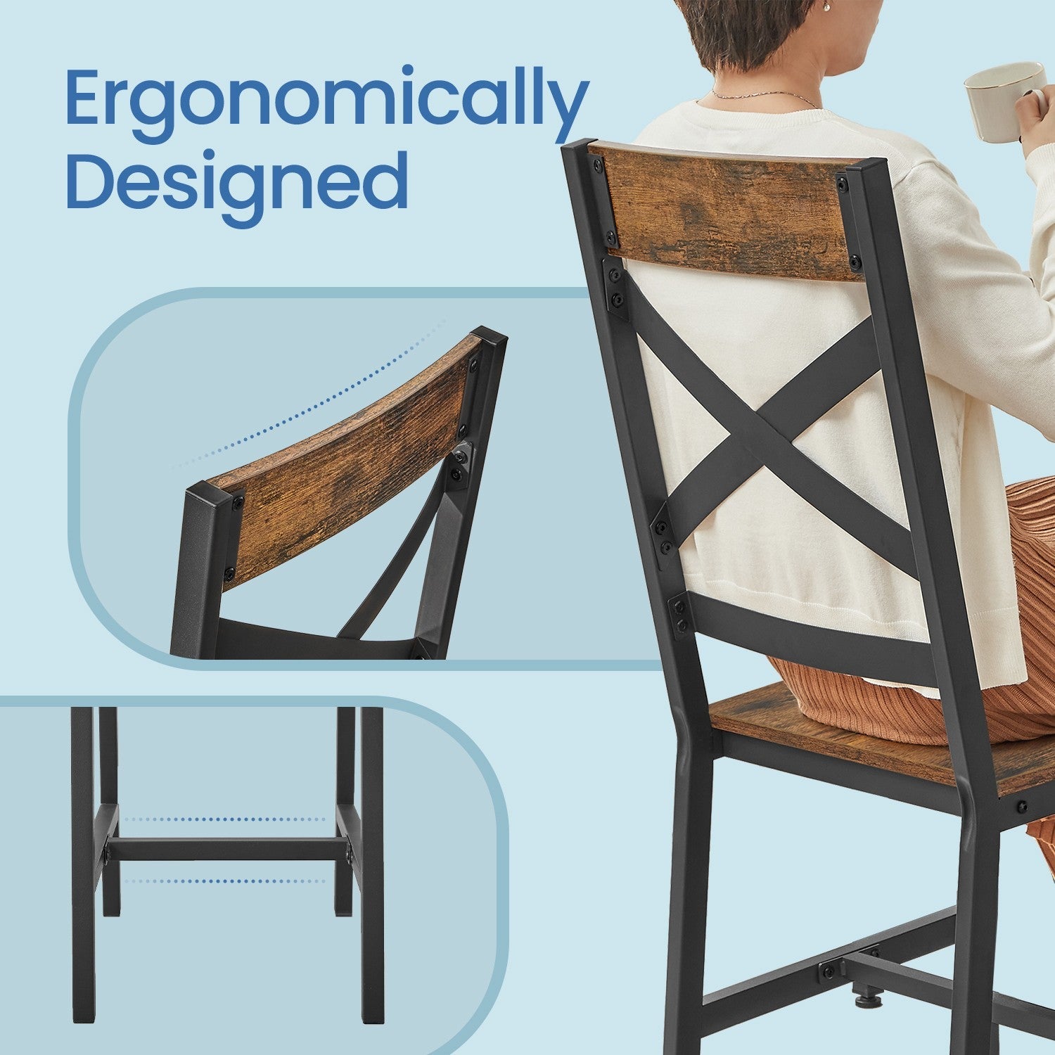 Set of 2 Dining Chairs - Steel - Rustic Brown and Black - Ergonomic Design