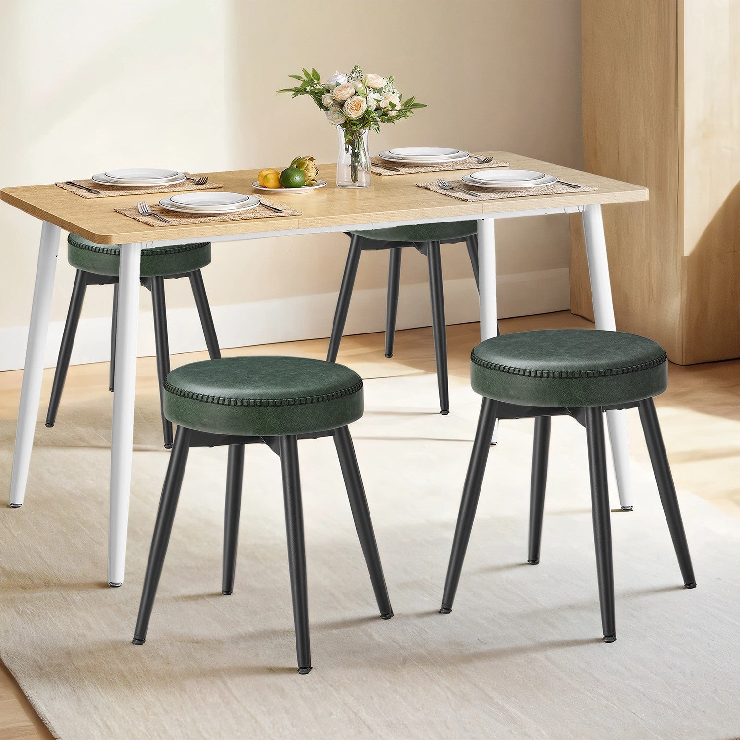 Set of 2 Kitchen Stools - Synthetic Leather - Green - Upholstered Padded Seat