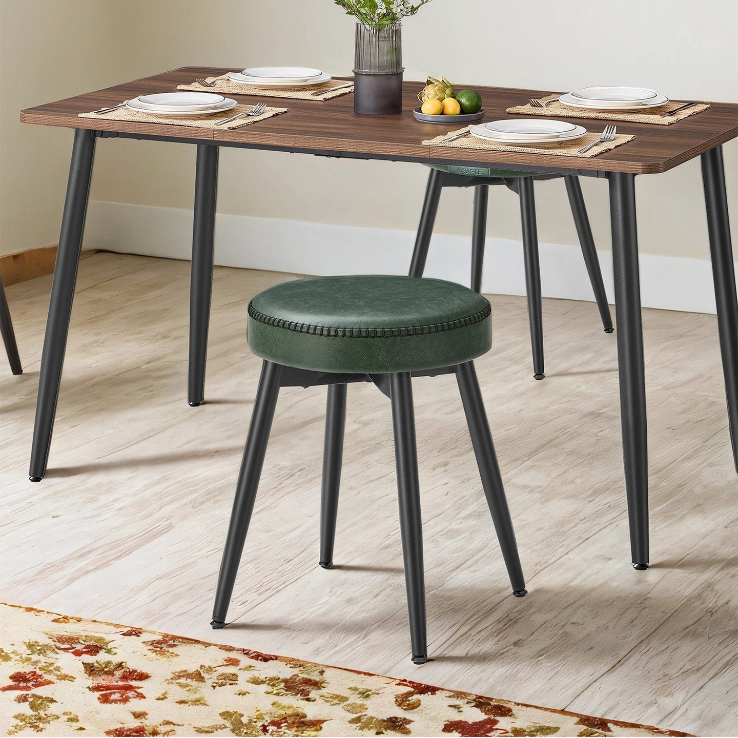 Set of 2 Kitchen Stools - Synthetic Leather - Green - Upholstered Padded Seat