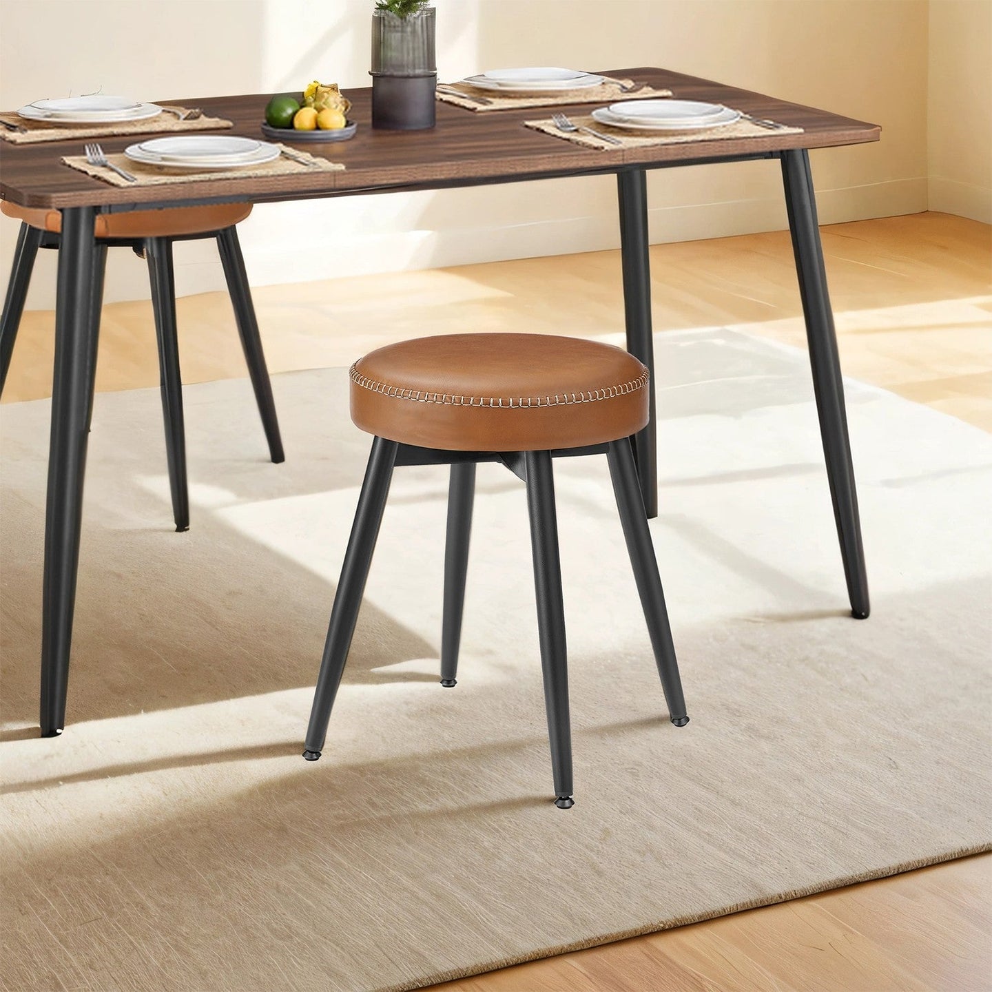 Set of 2 Dining Stools - Synthetic Leather - Brown - Padded Seat