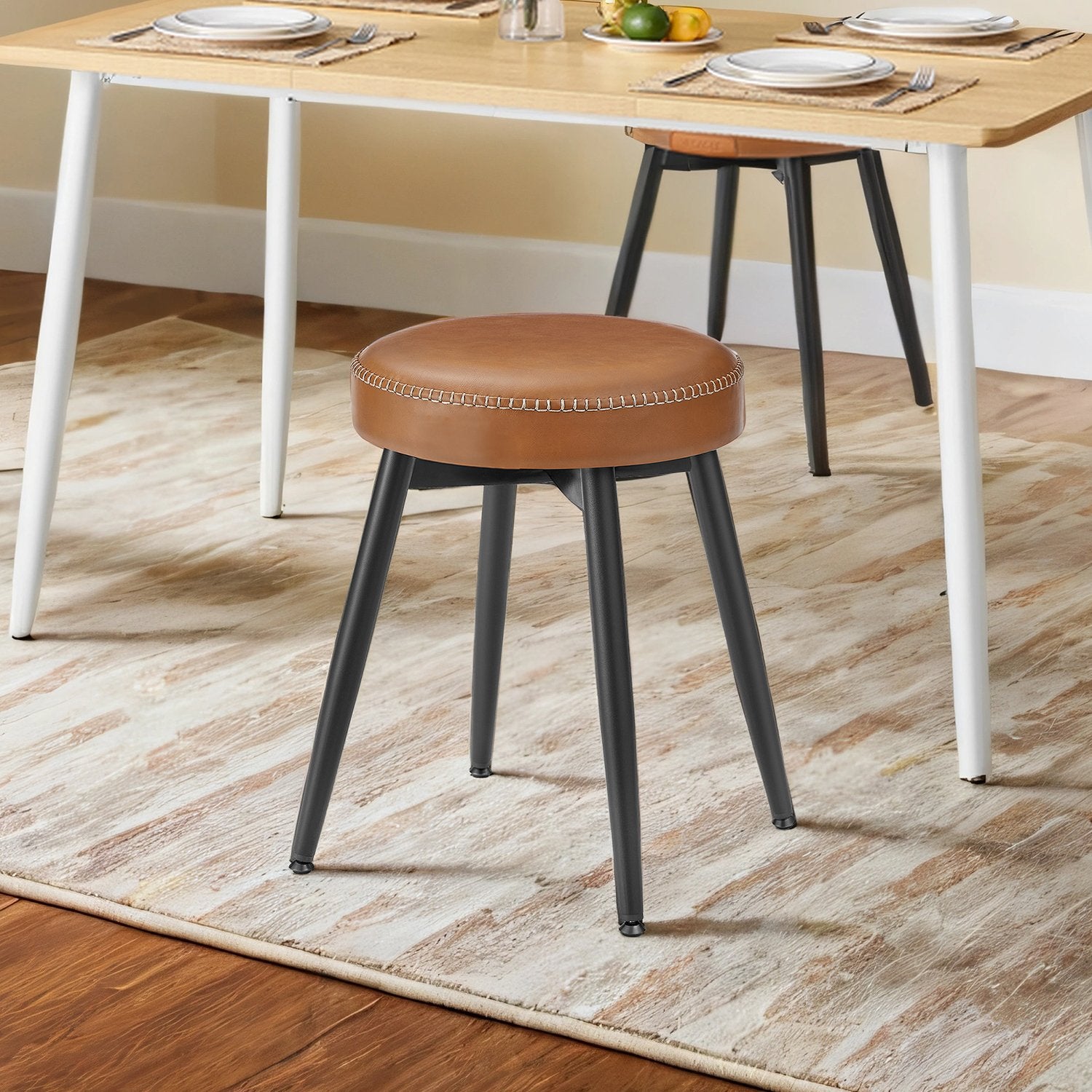 Set of 2 Dining Stools - Synthetic Leather - Brown - Padded Seat