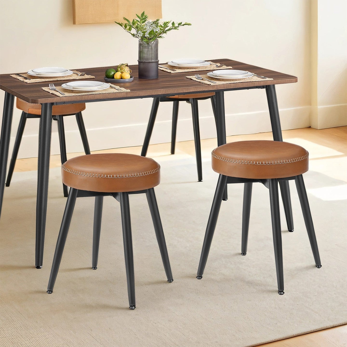 Set of 2 Dining Stools - Synthetic Leather - Brown - Padded Seat