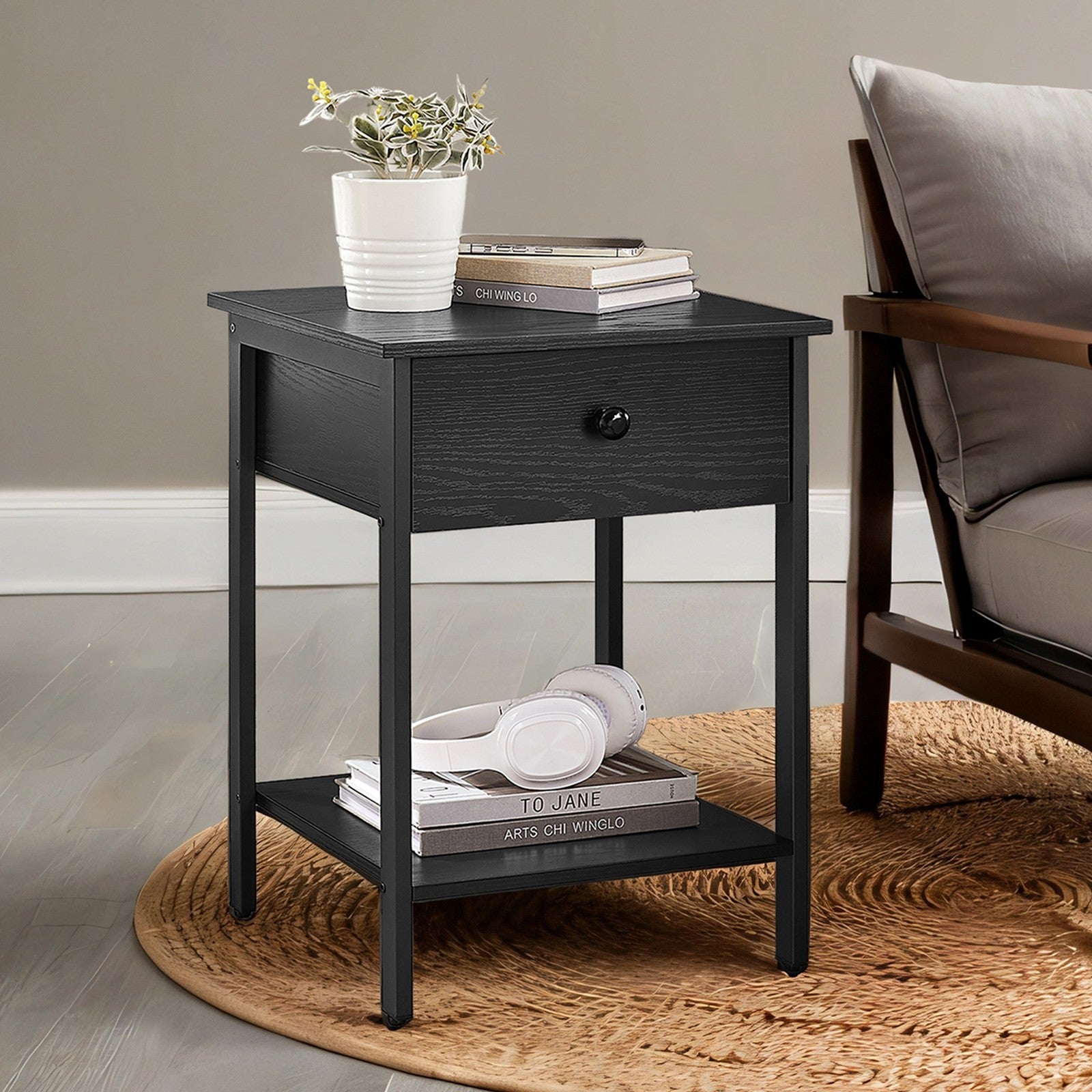 Nightstand - Steel Frame - Hazelnut Brown and Black - Drawer and Shelf