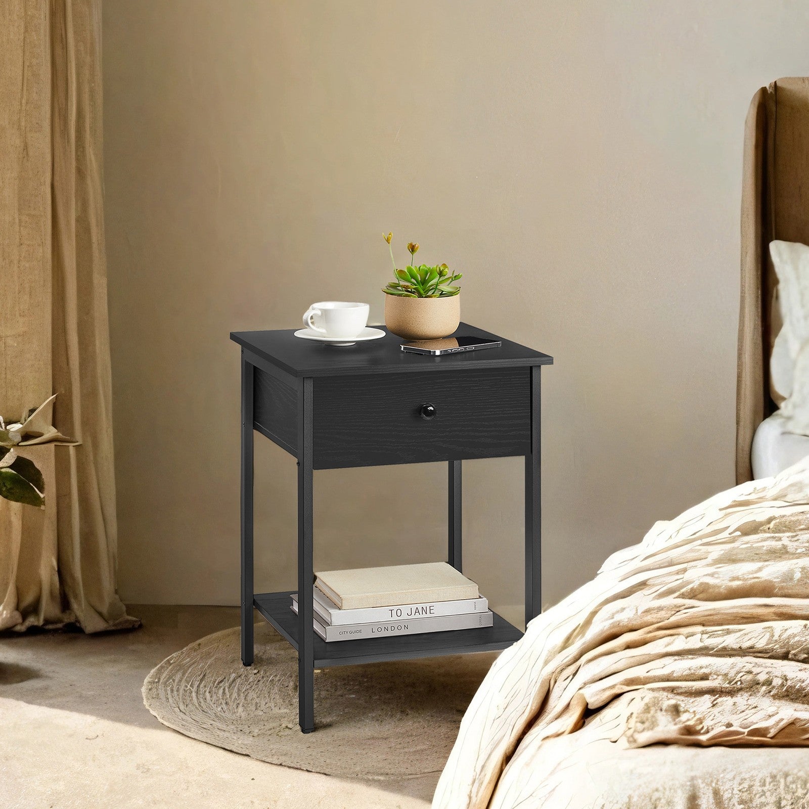 Nightstand - Steel Frame - Hazelnut Brown and Black - Drawer and Shelf