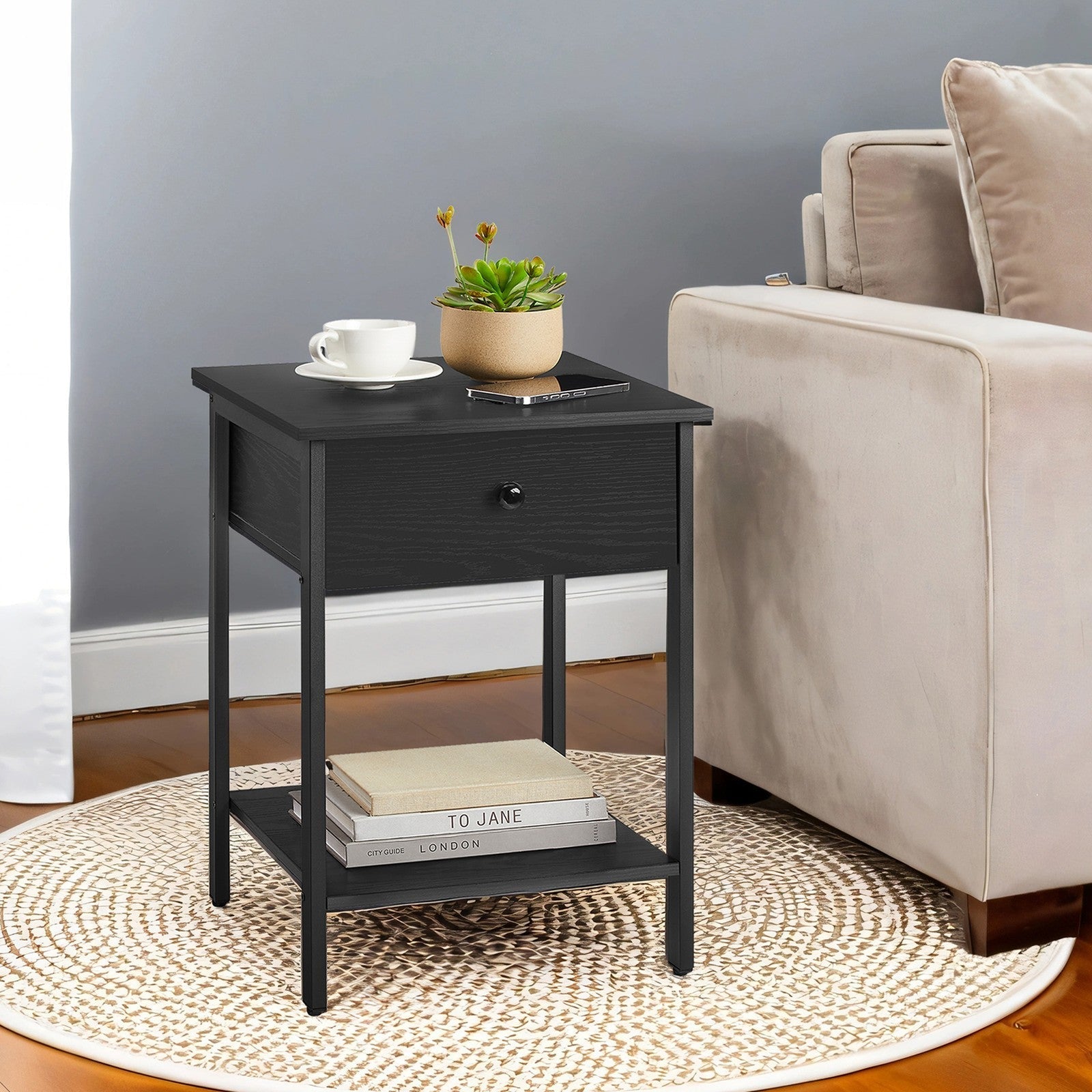 Nightstand - Steel Frame - Hazelnut Brown and Black - Drawer and Shelf