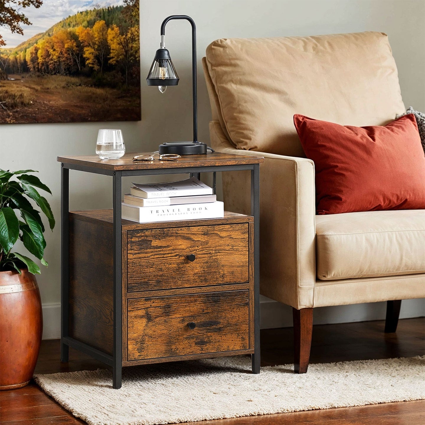 Bedside Table - Wood - Rustic Brown and Black - Open Shelf and 2 Drawers