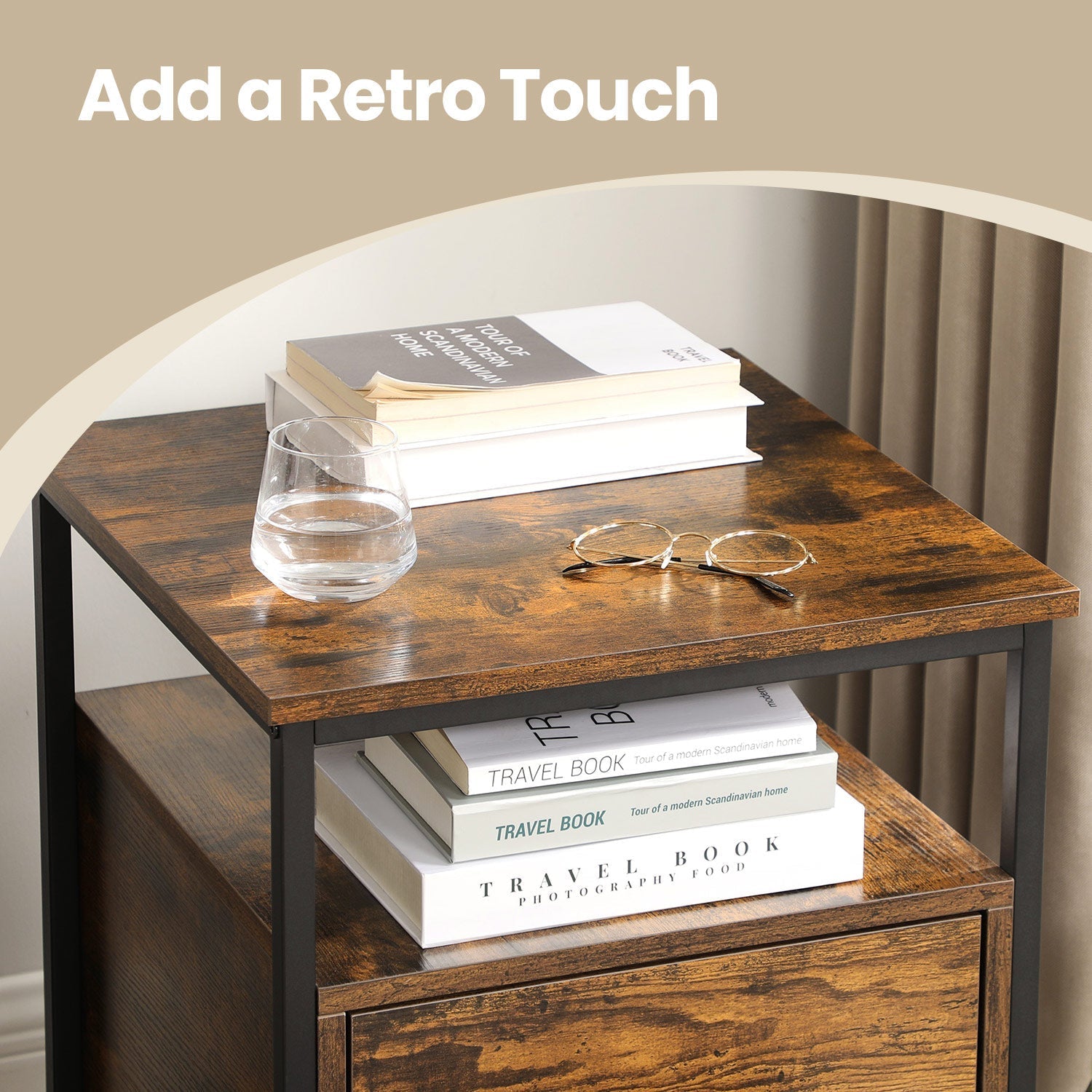 Bedside Table - Wood - Rustic Brown and Black - Open Shelf and 2 Drawers