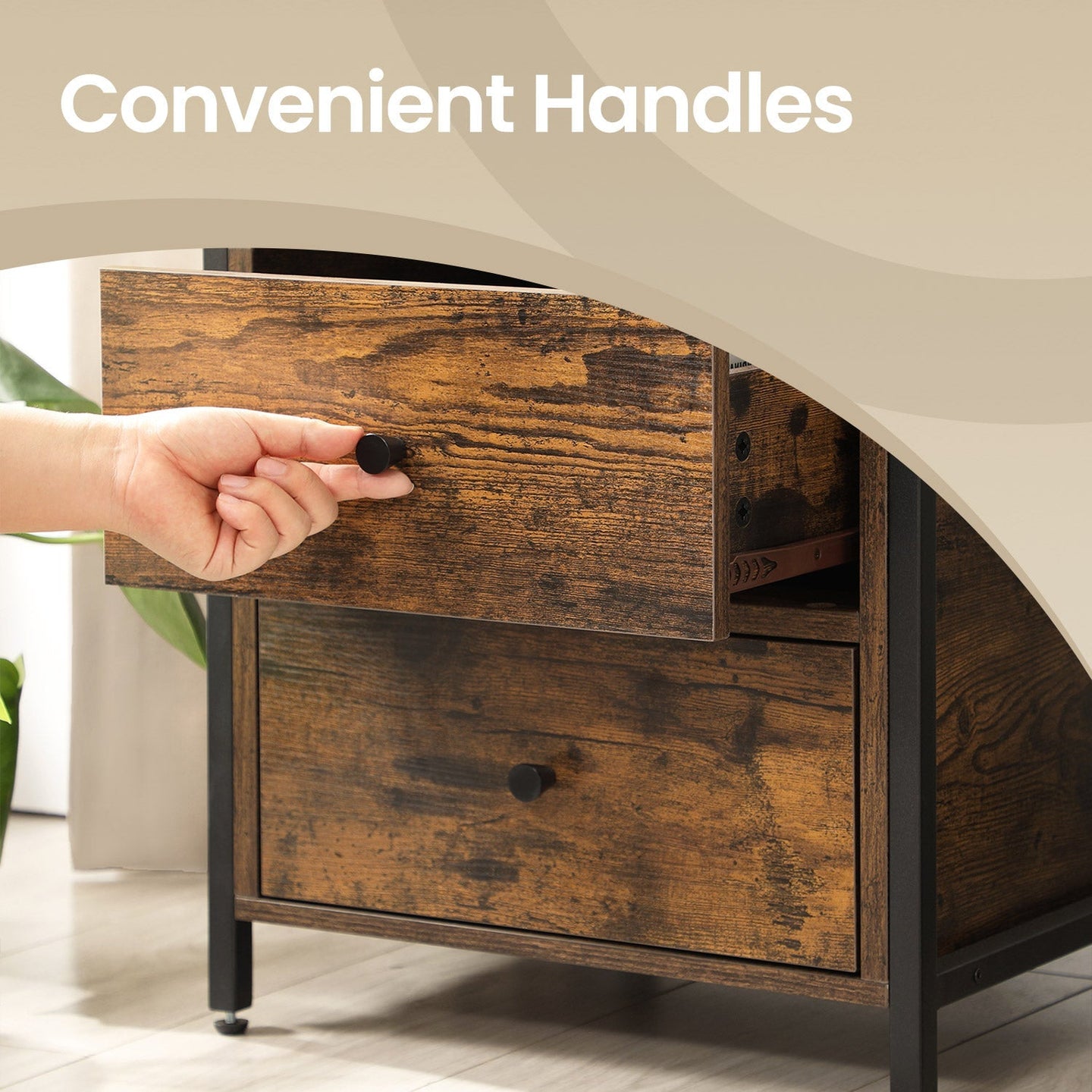Bedside Table - Wood - Rustic Brown and Black - Open Shelf and 2 Drawers