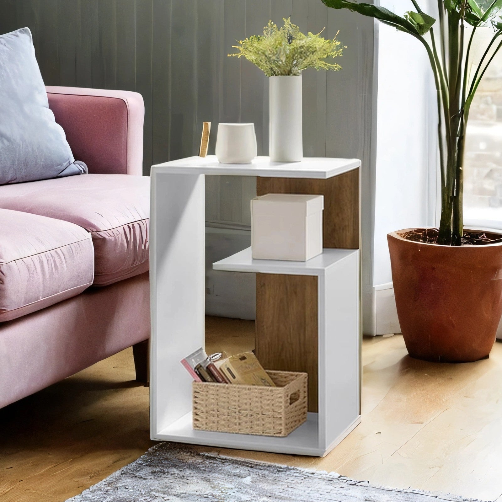 Side Table - Wood - Rustic Walnut and White - Versatile Open Storage
