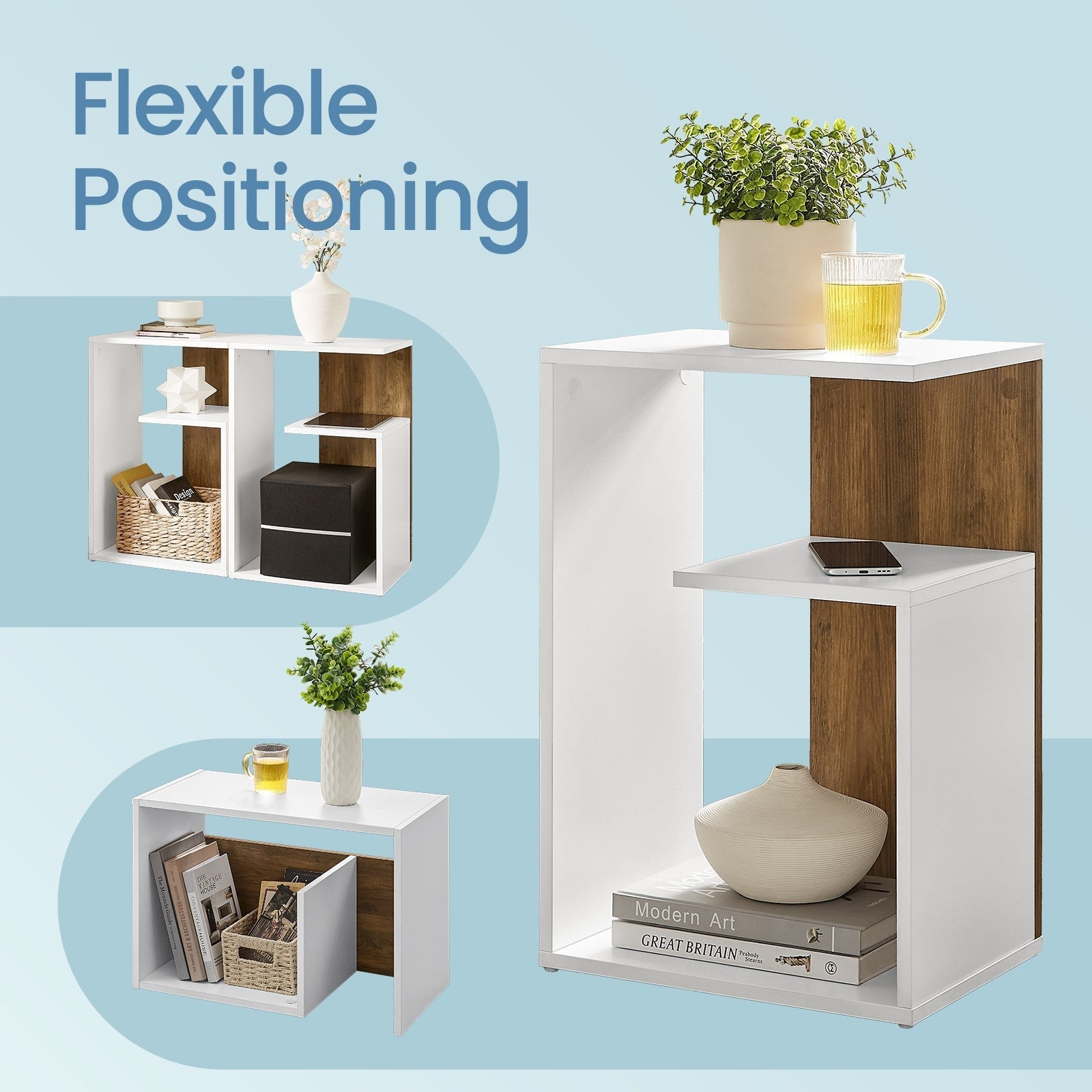 Side Table - Wood - Rustic Walnut and White - Versatile Open Storage