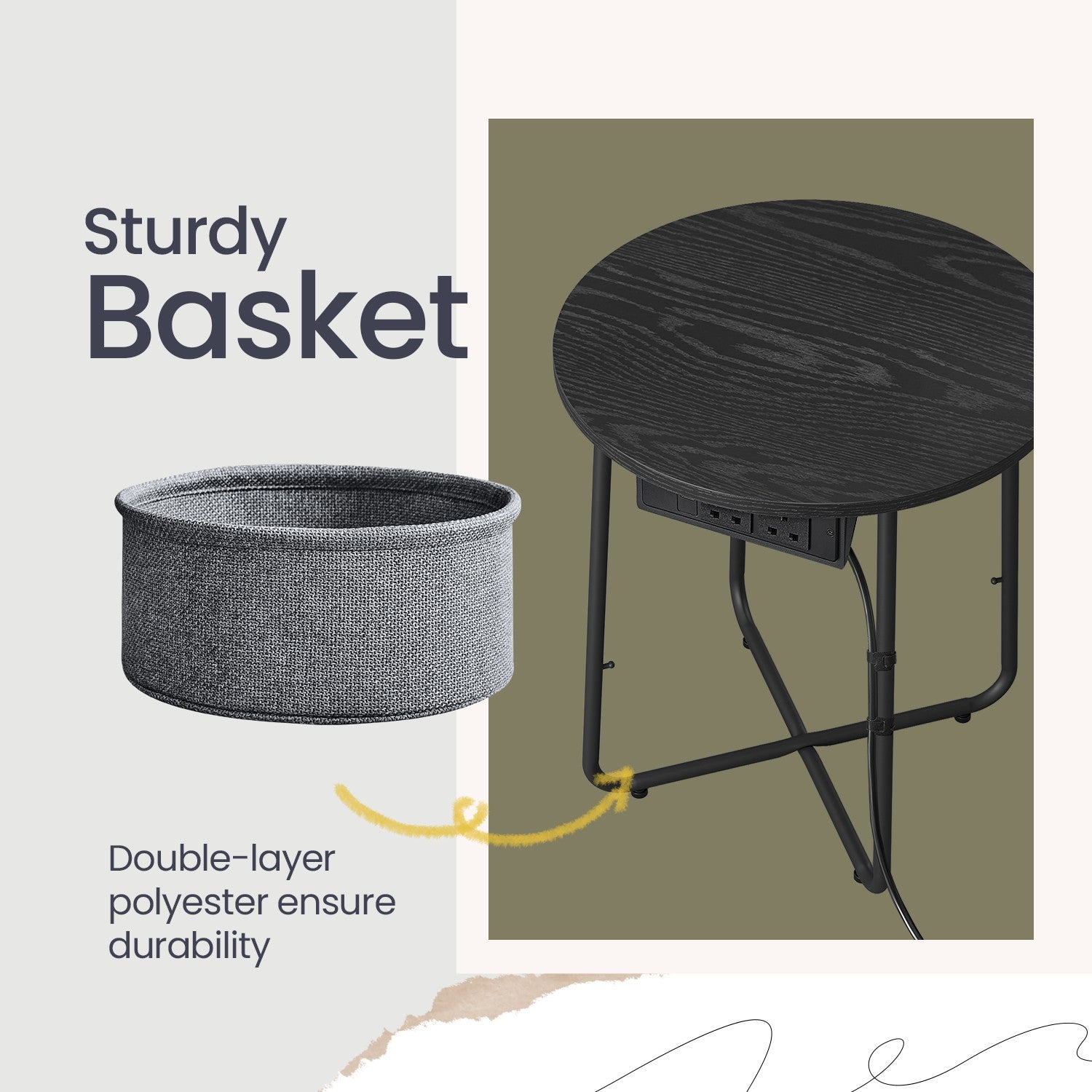 Round Side Table - Metal - Black and Grey - With Charging Station and USB Ports