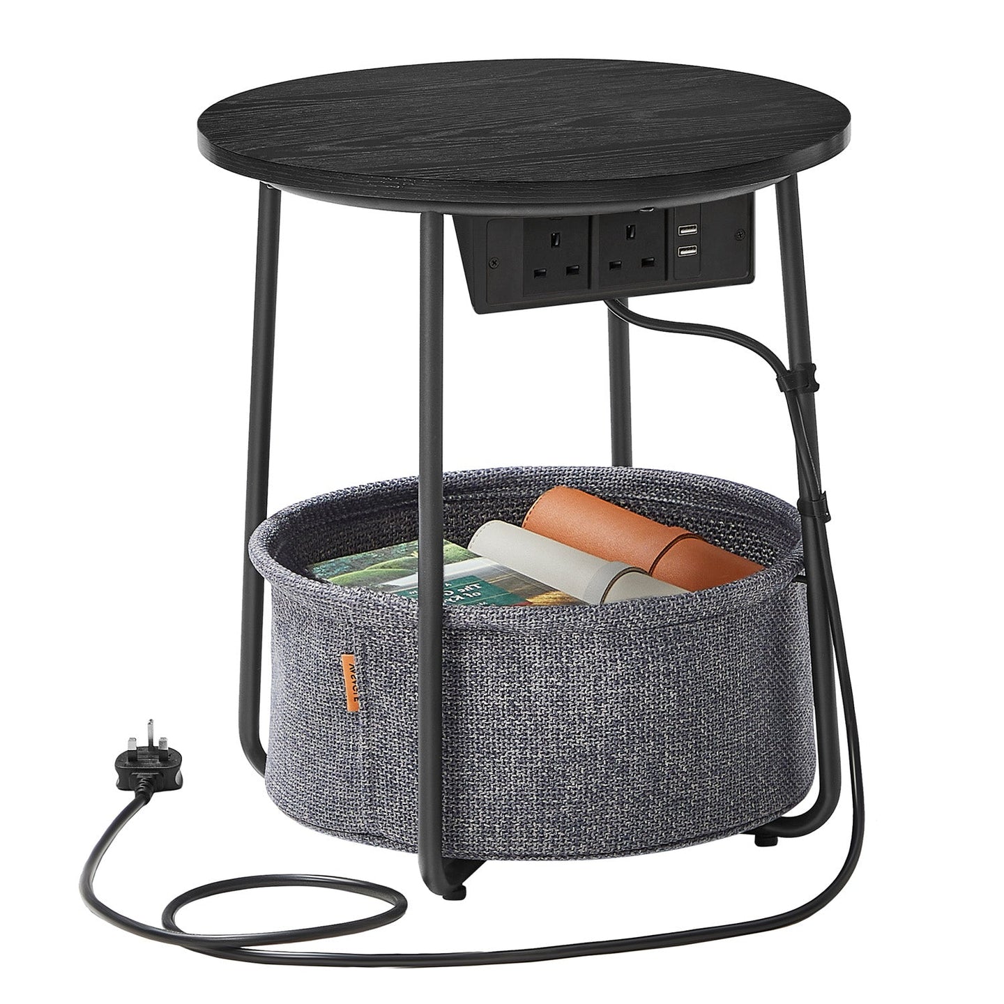 Round Side Table - Metal - Black and Grey - With Charging Station and USB Ports