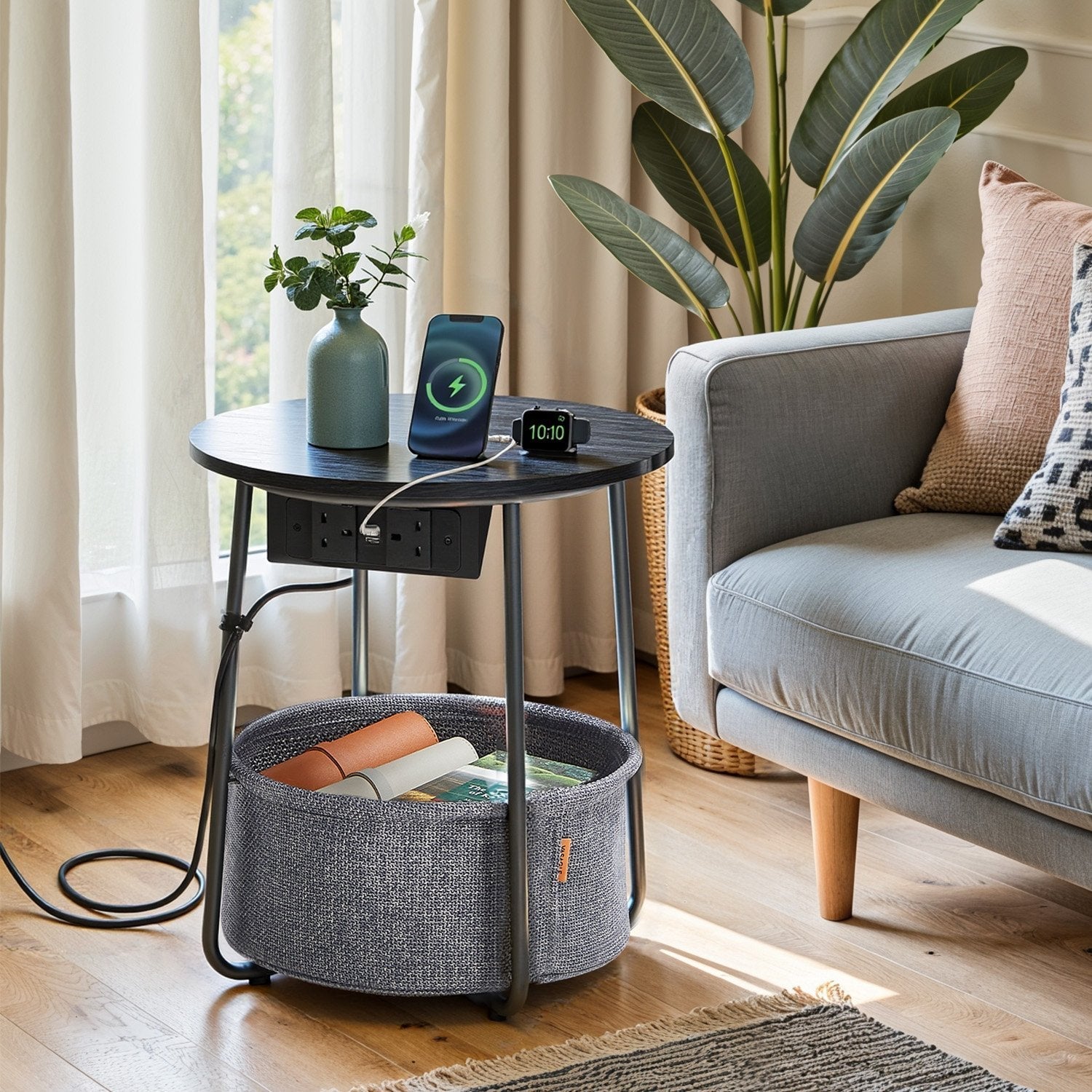 Round Side Table - Metal - Black and Grey - With Charging Station and USB Ports