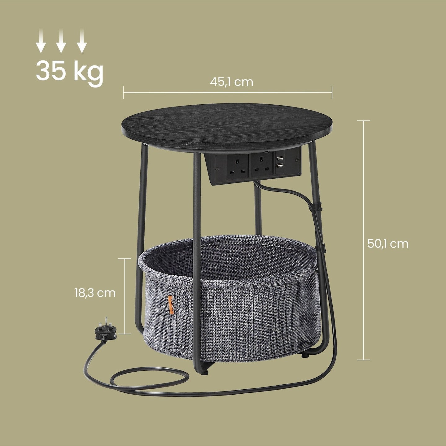 Round Side Table - Metal - Black and Grey - With Charging Station and USB Ports