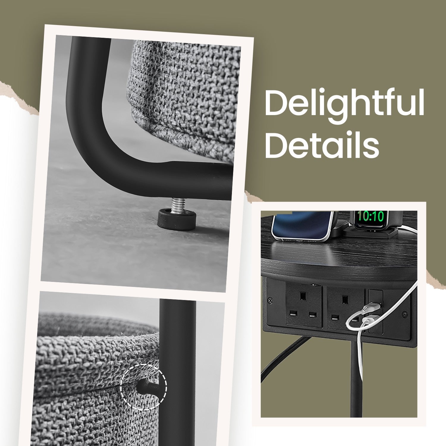 Round Side Table - Metal - Black and Grey - With Charging Station and USB Ports