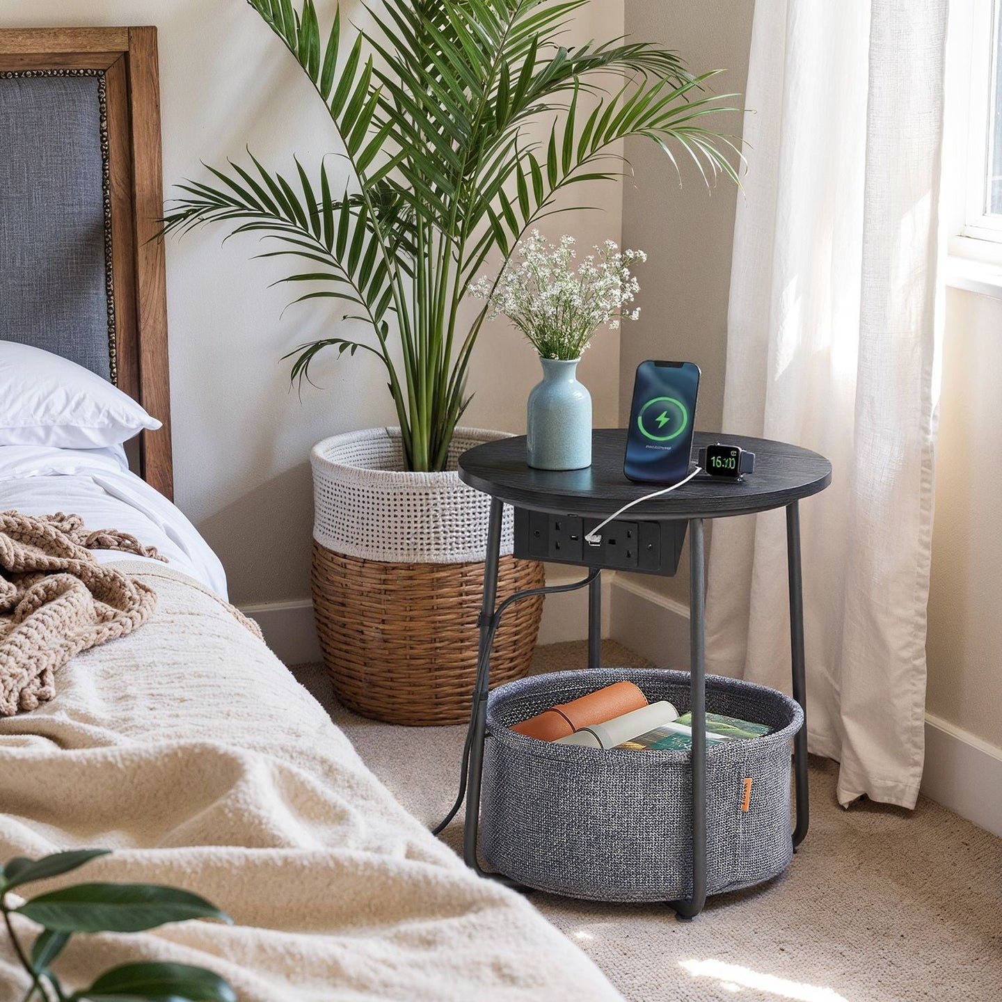 Round Side Table - Metal - Black and Grey - With Charging Station and USB Ports