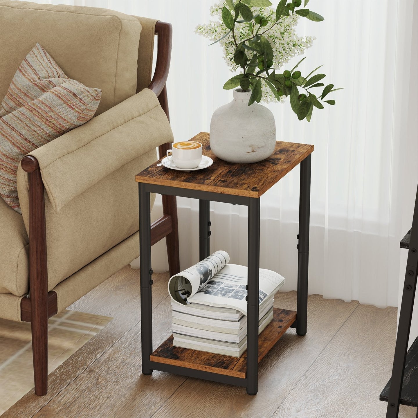 Set of 2 Side Tables - Wooden - Rustic Brown and Black - 2-Tier Design for Living Room and Bedroom