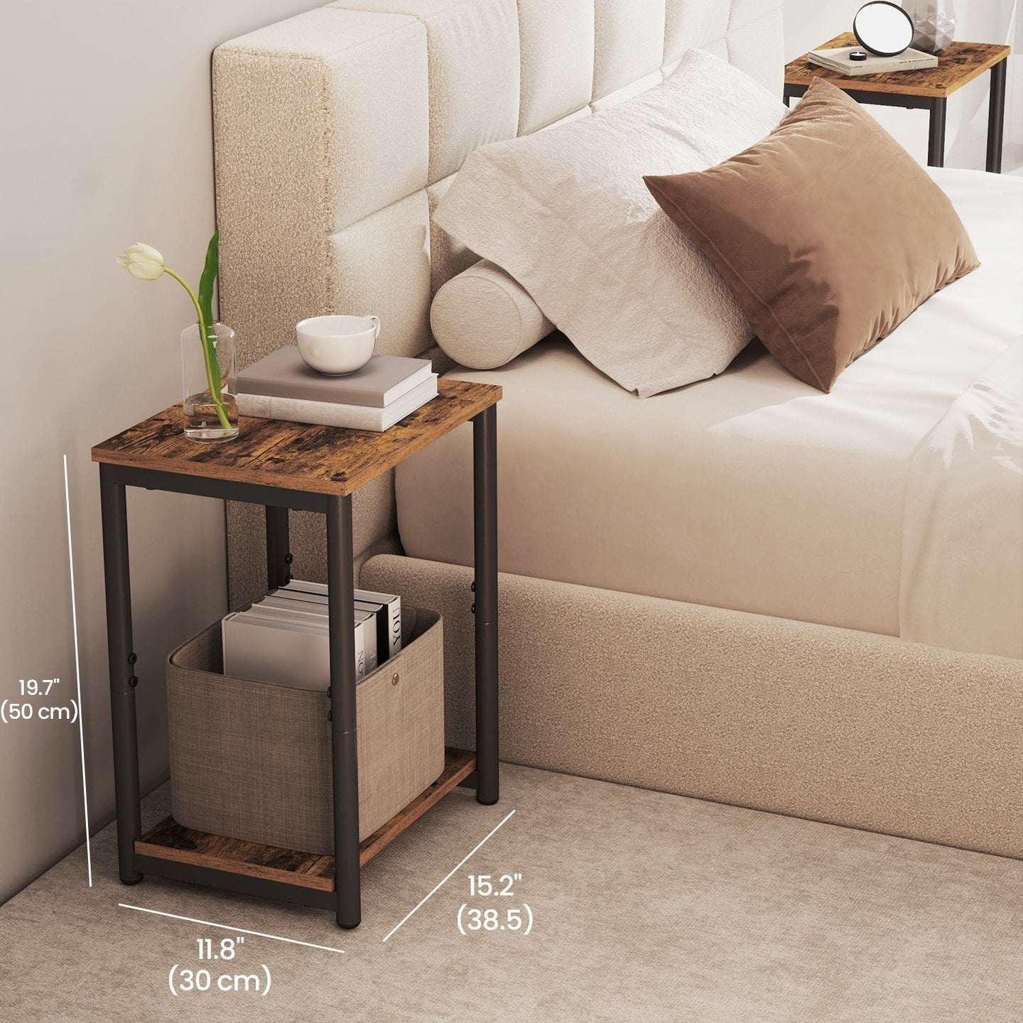 Set of 2 Side Tables - Wooden - Rustic Brown and Black - 2-Tier Design for Living Room and Bedroom