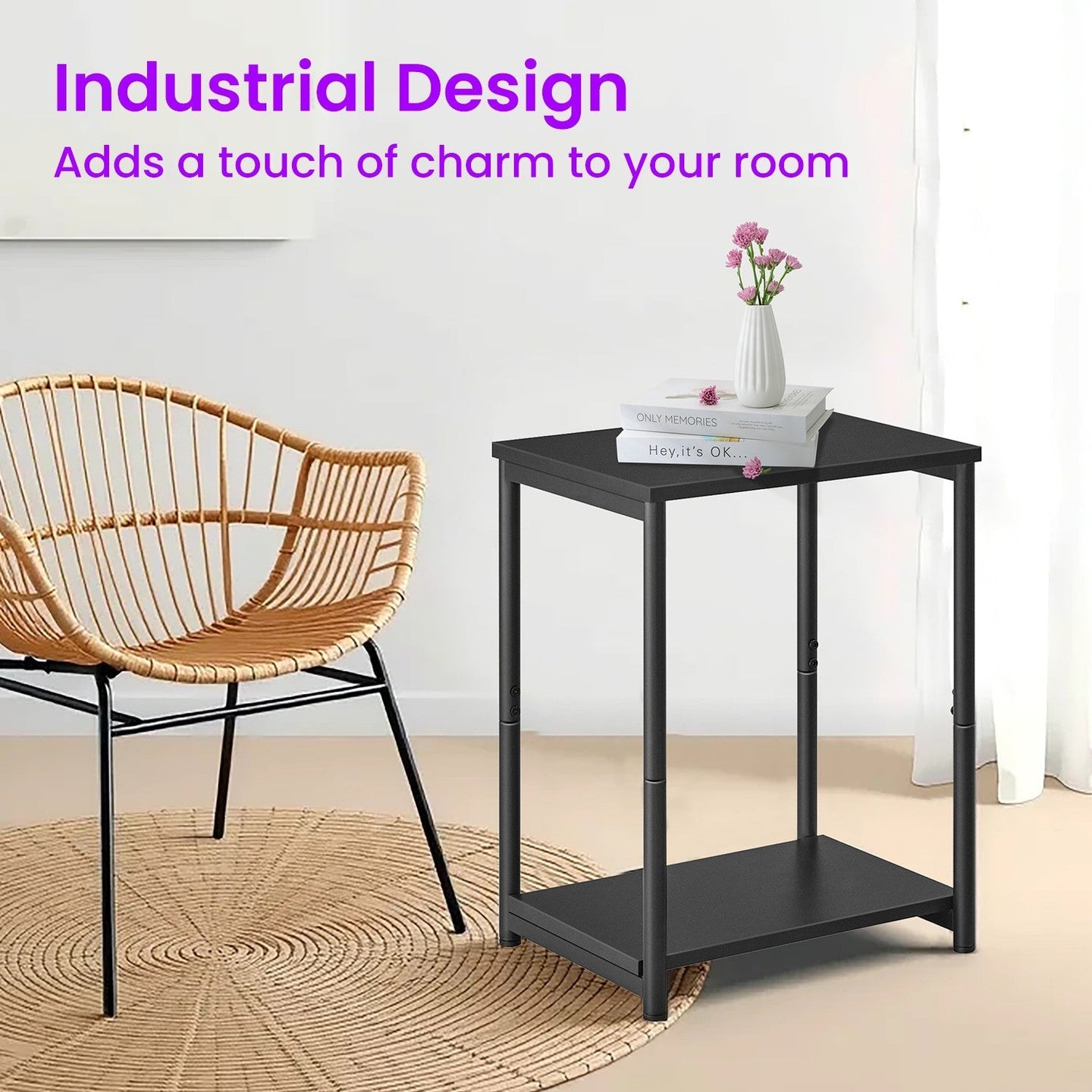 Set of 2 Side Tables - Wooden - Rustic Brown and Black - 2-Tier Design for Living Room and Bedroom