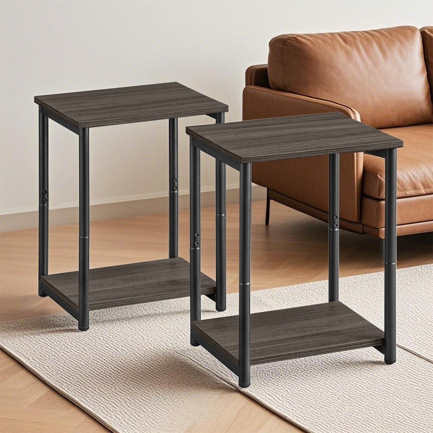 Set of 2 Side Tables - Wooden - Rustic Brown and Black - 2-Tier Design for Living Room and Bedroom