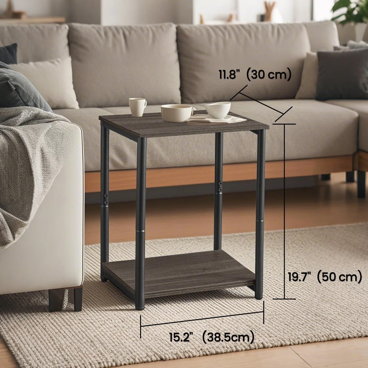 Set of 2 Side Tables - Wooden - Rustic Brown and Black - 2-Tier Design for Living Room and Bedroom