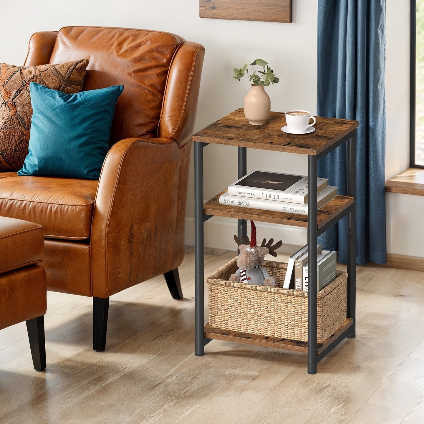 3-Tier End Table - Steel Frame - Rustic Brown - Versatile for Living Room