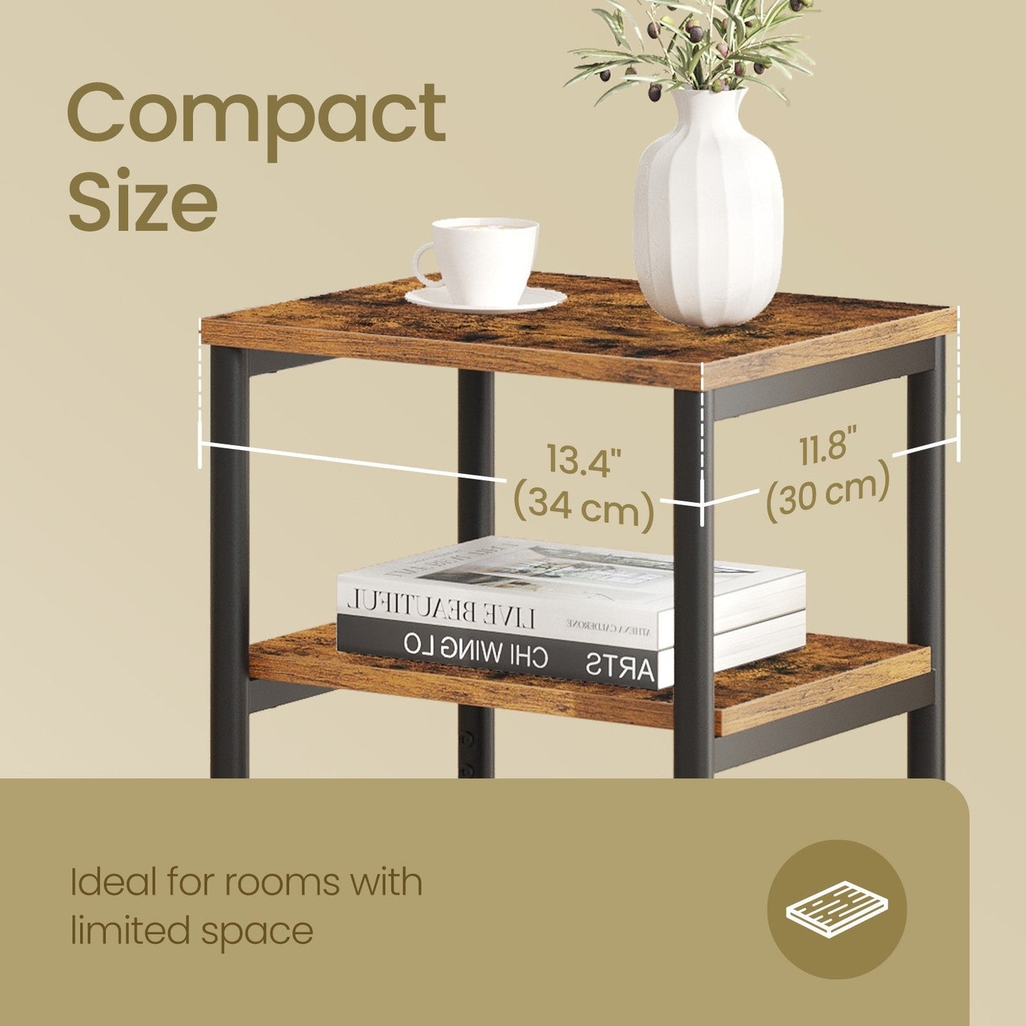 3-Tier End Table - Steel Frame - Rustic Brown - Versatile for Living Room