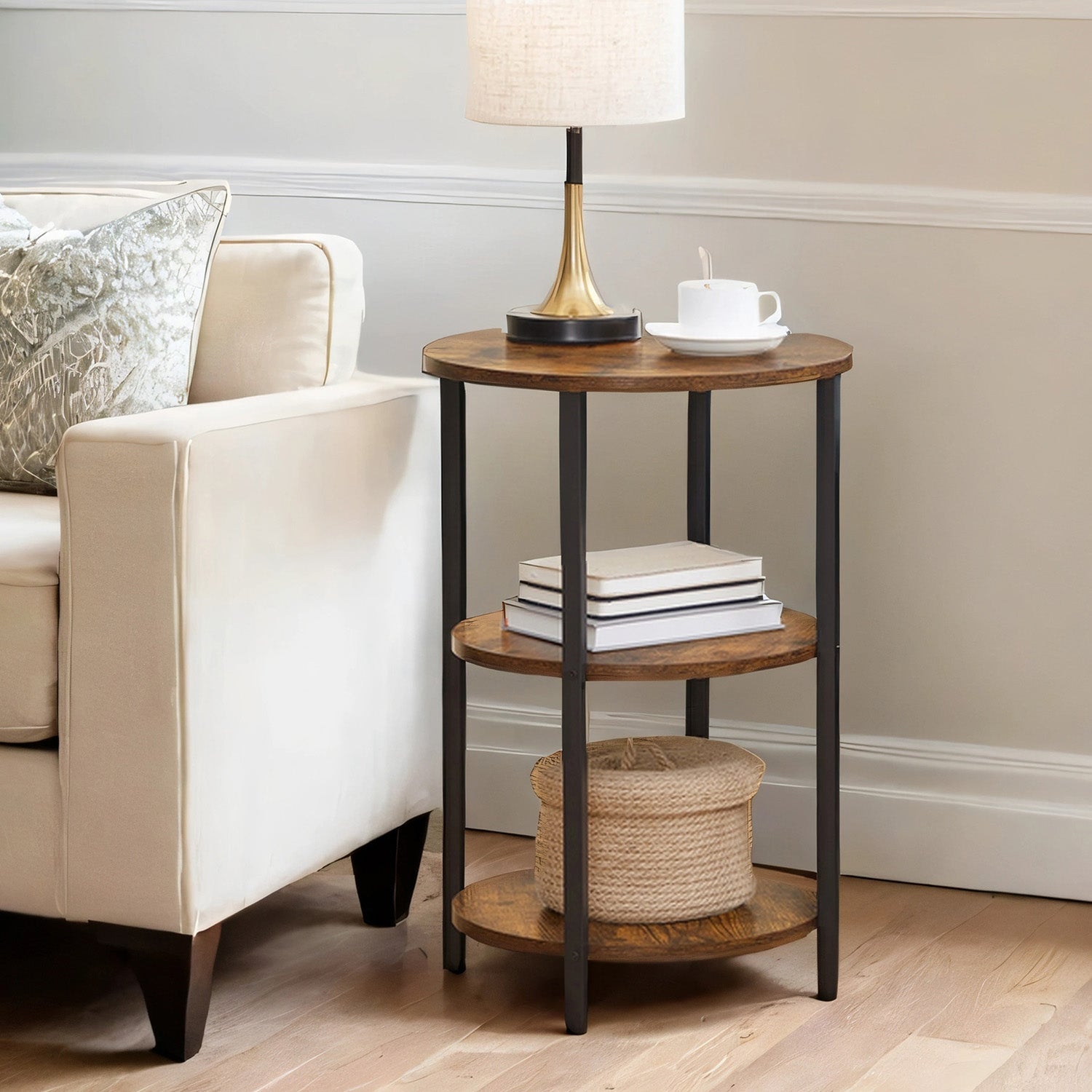 Round Coffee End Table - 3-Tier Accent Design - Steel - Rustic Brown and Black