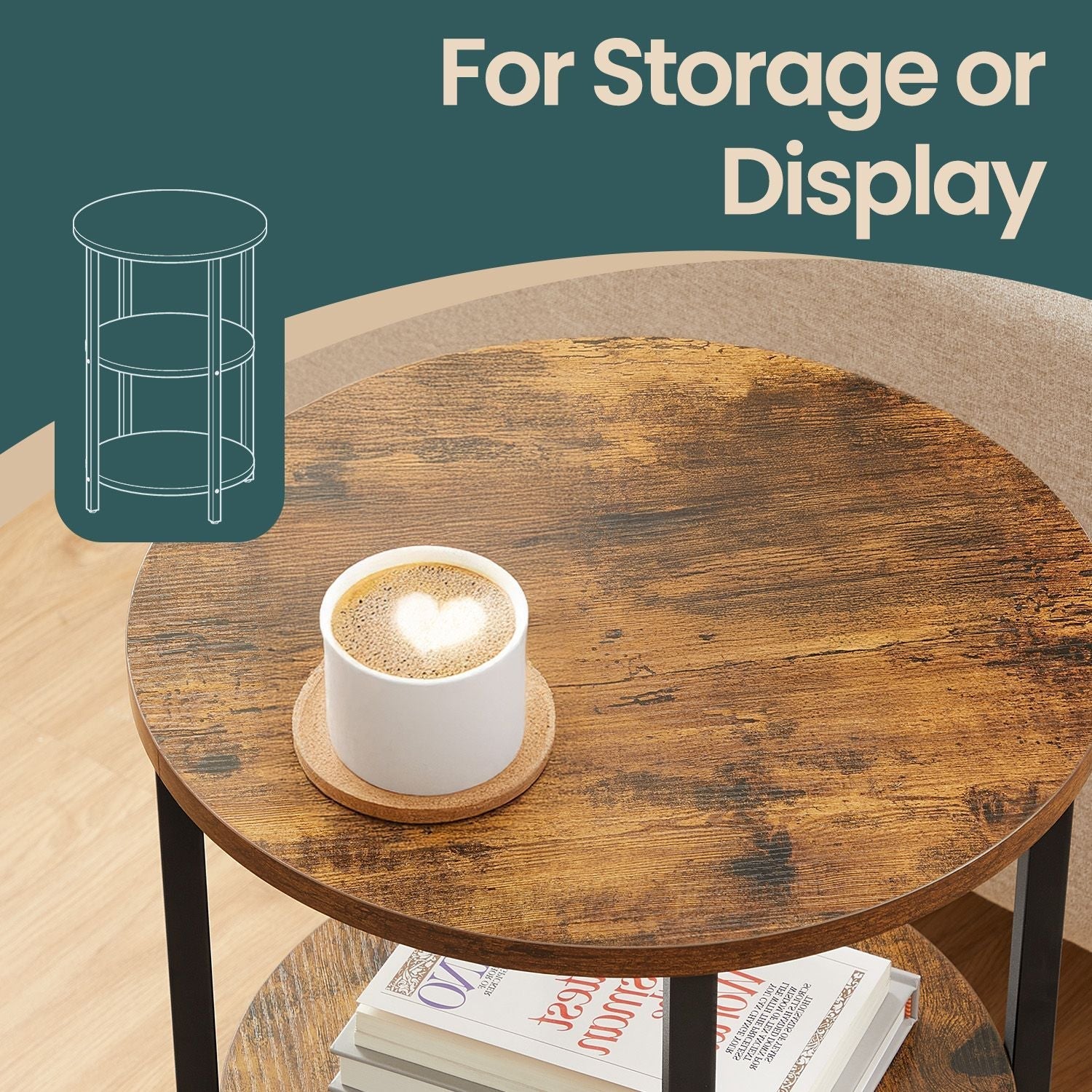 Round Coffee End Table - 3-Tier Accent Design - Steel - Rustic Brown and Black