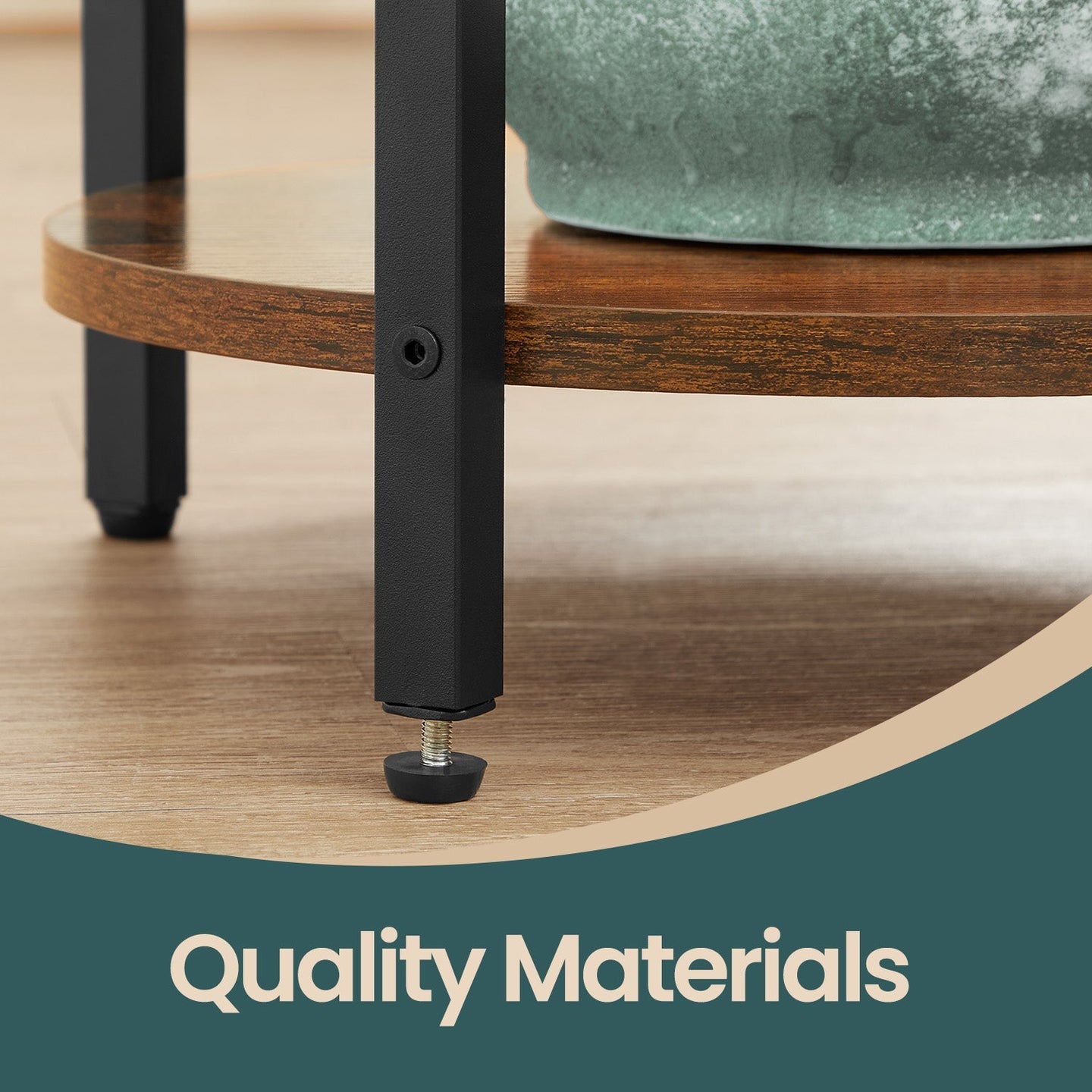 Round Coffee End Table - 3-Tier Accent Design - Steel - Rustic Brown and Black