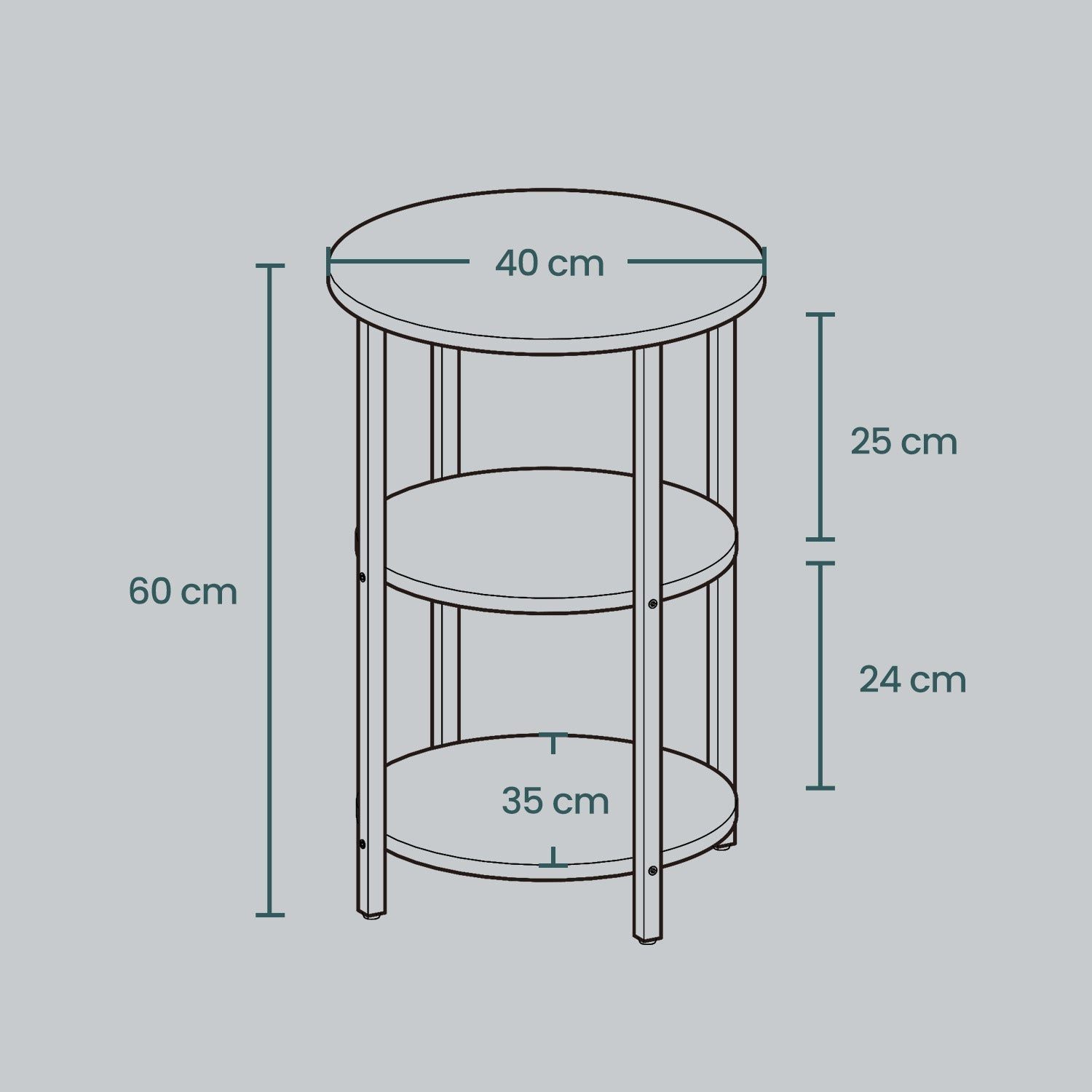 Round Coffee End Table - 3-Tier Accent Design - Steel - Rustic Brown and Black