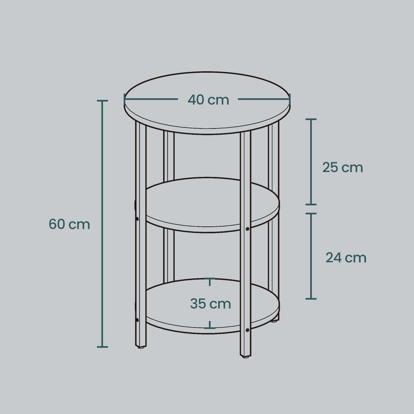 Round Coffee End Table - 3-Tier Accent Design - Steel - Rustic Brown and Black