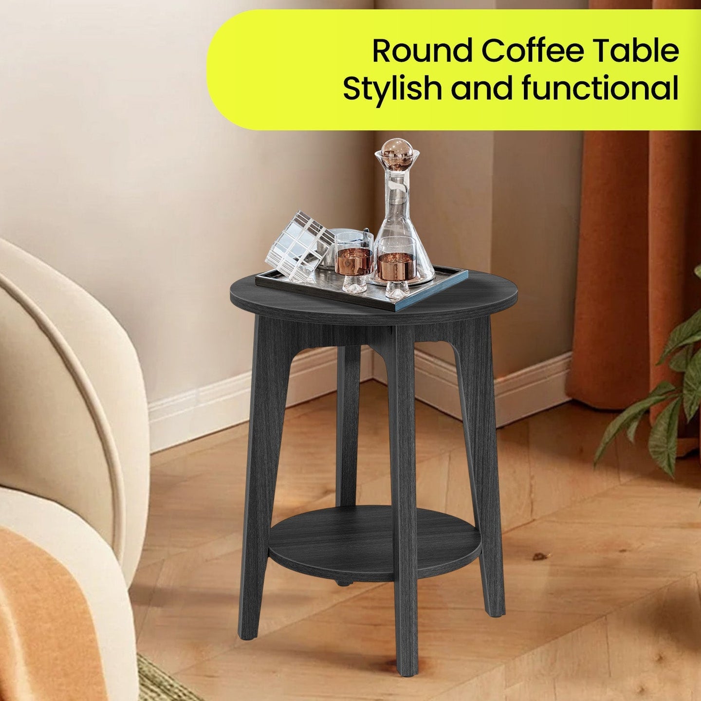End Table - Metal - Black - Small Round with Bottom Shelf