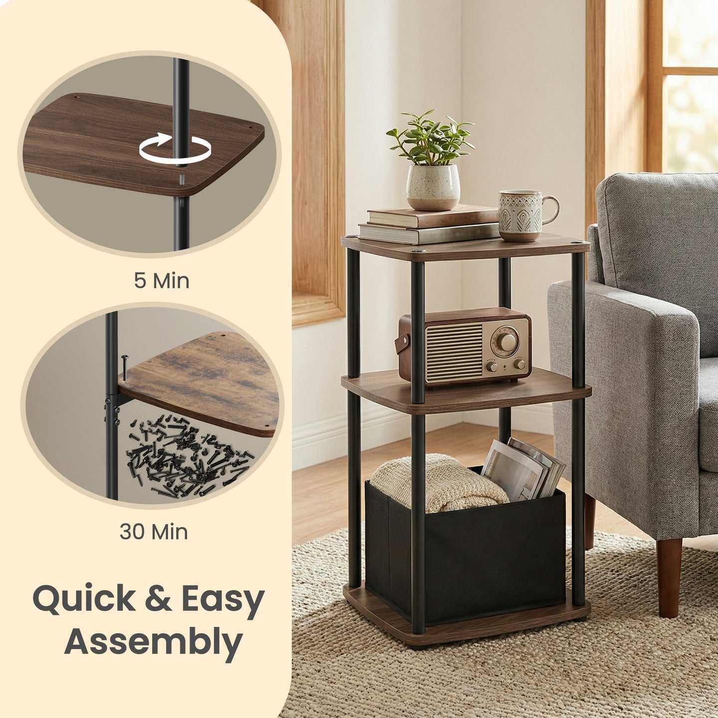 Superfast Toolless Assembly - Wood and Steel - Natural Walnut