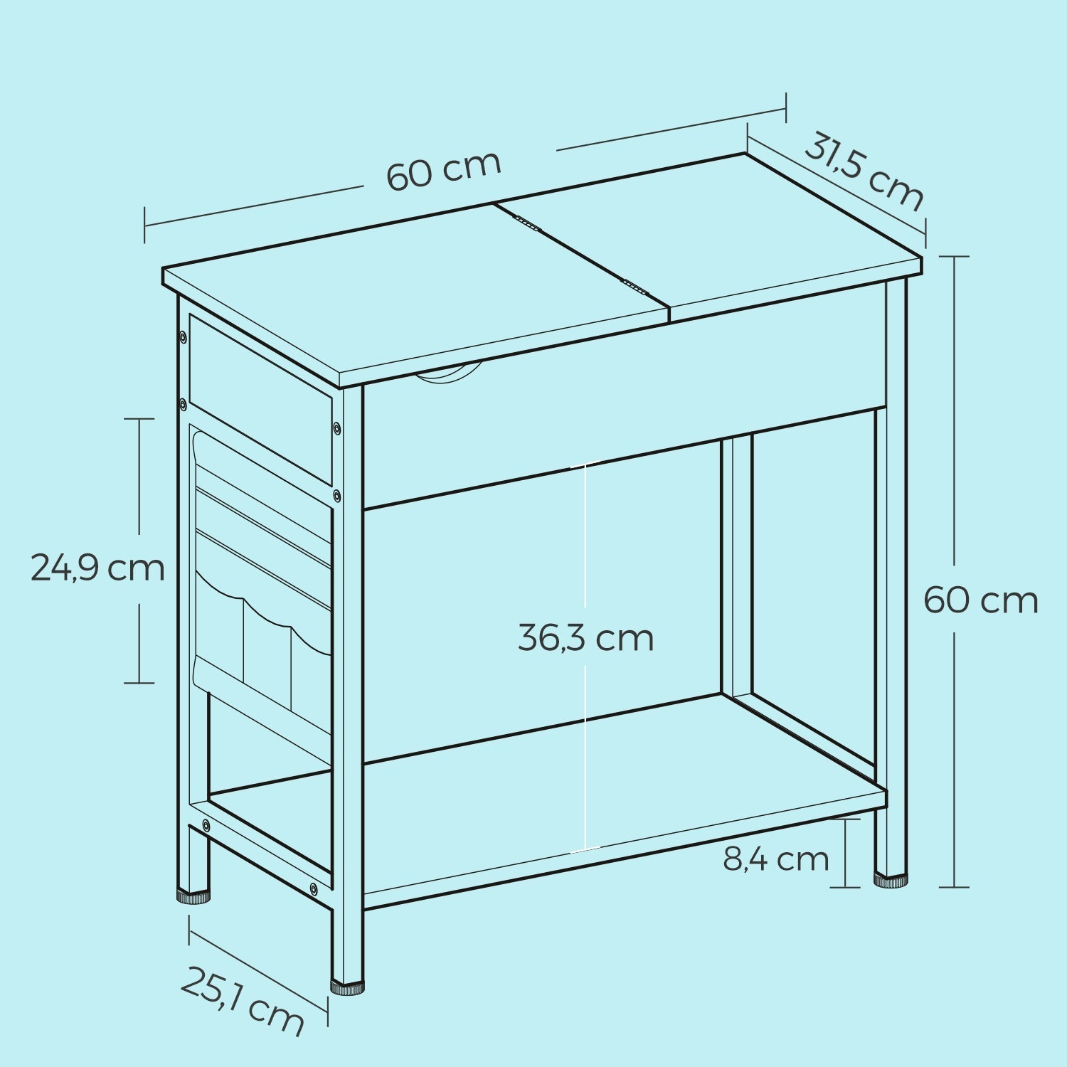 Slim Side Table - Wood - Rustic Brown and Black - Integrated Charging Station and Storage