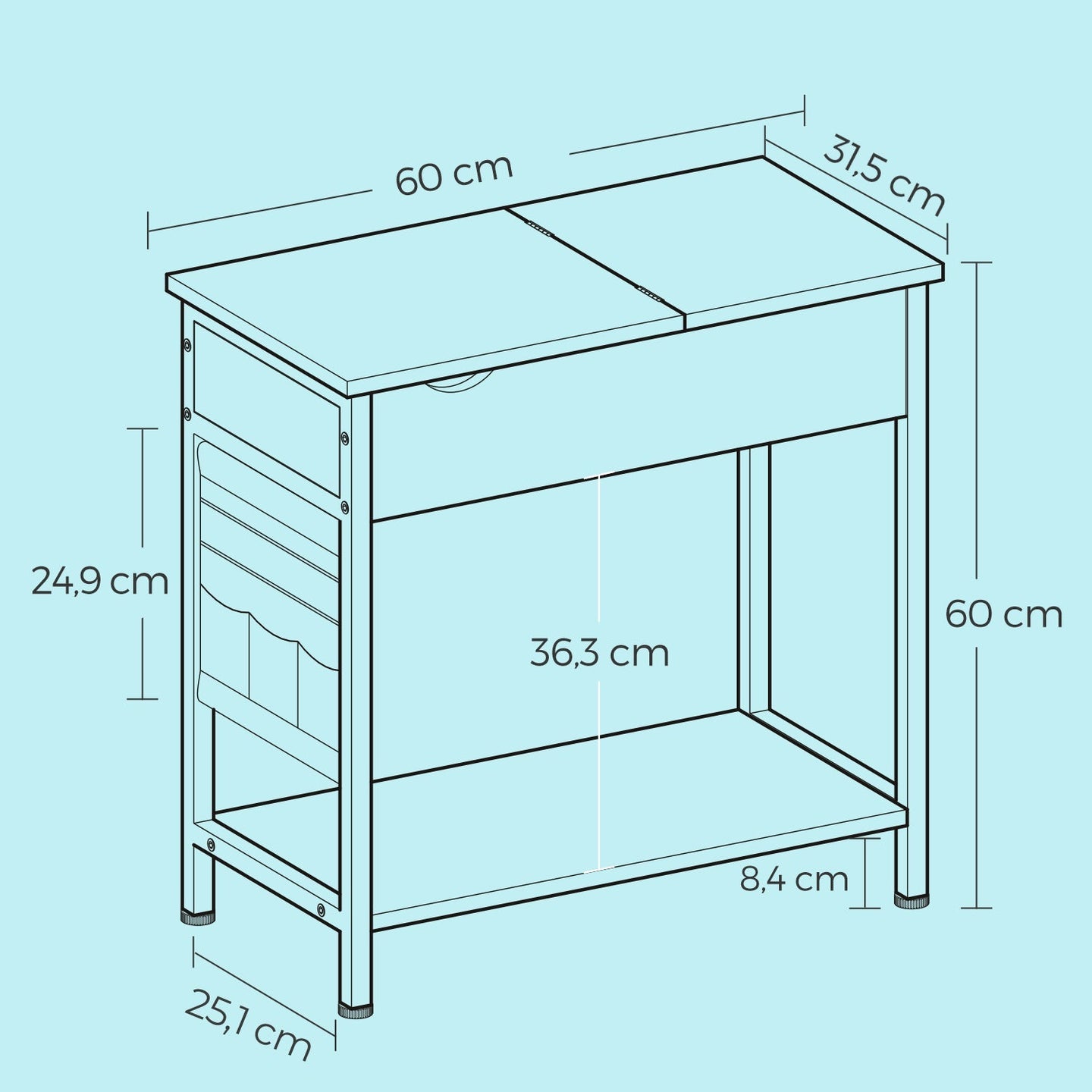 Slim Side Table - Wood - Rustic Brown and Black - Integrated Charging Station and Storage