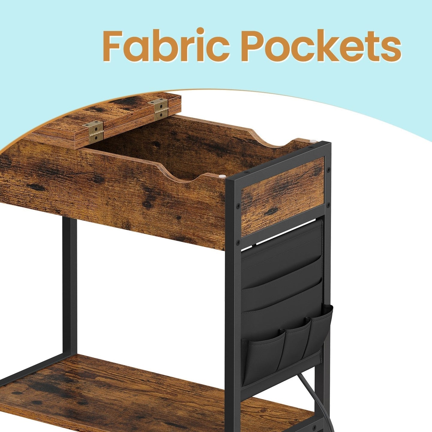 Slim Side Table - Wood - Rustic Brown and Black - Integrated Charging Station and Storage