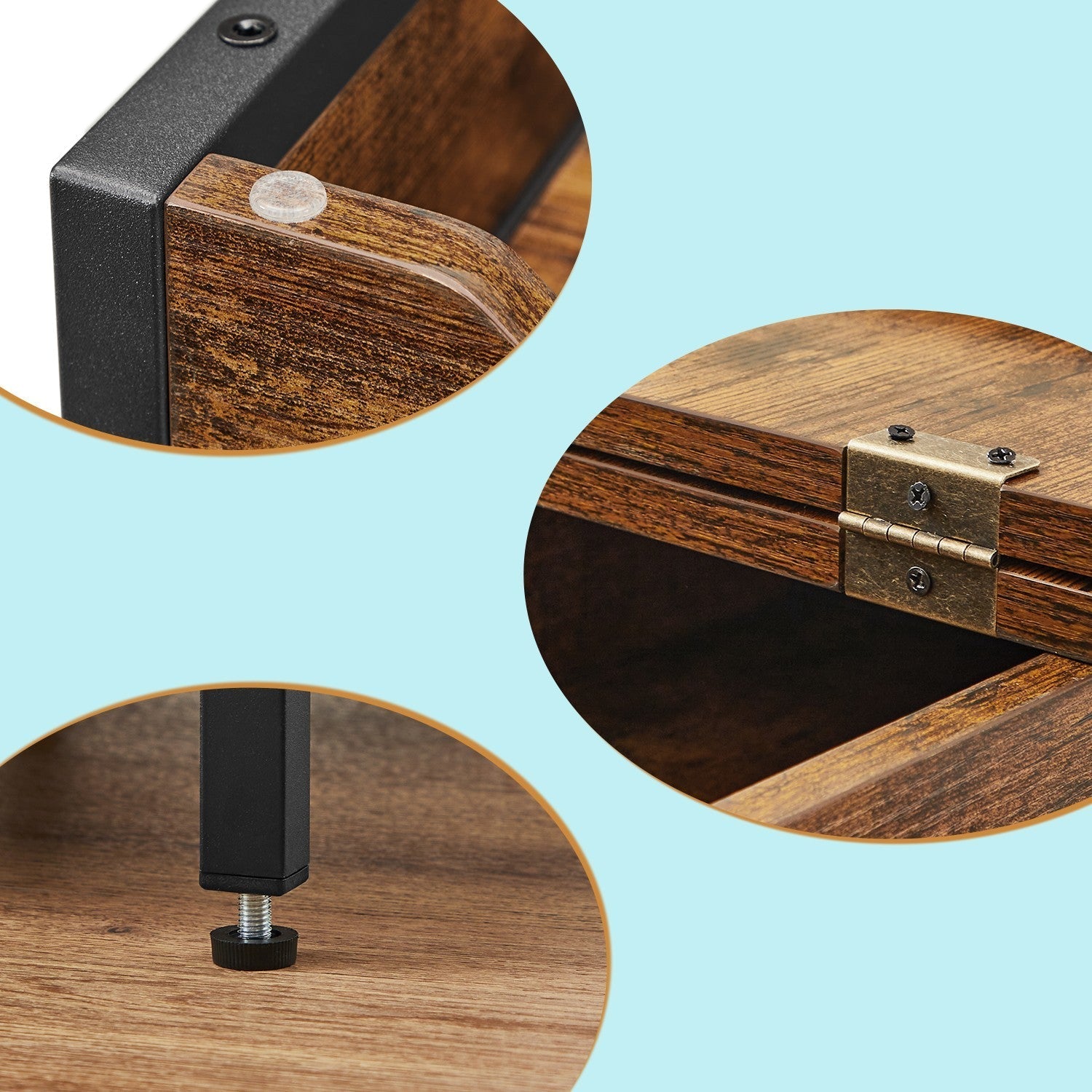 Slim Side Table - Wood - Rustic Brown and Black - Integrated Charging Station and Storage