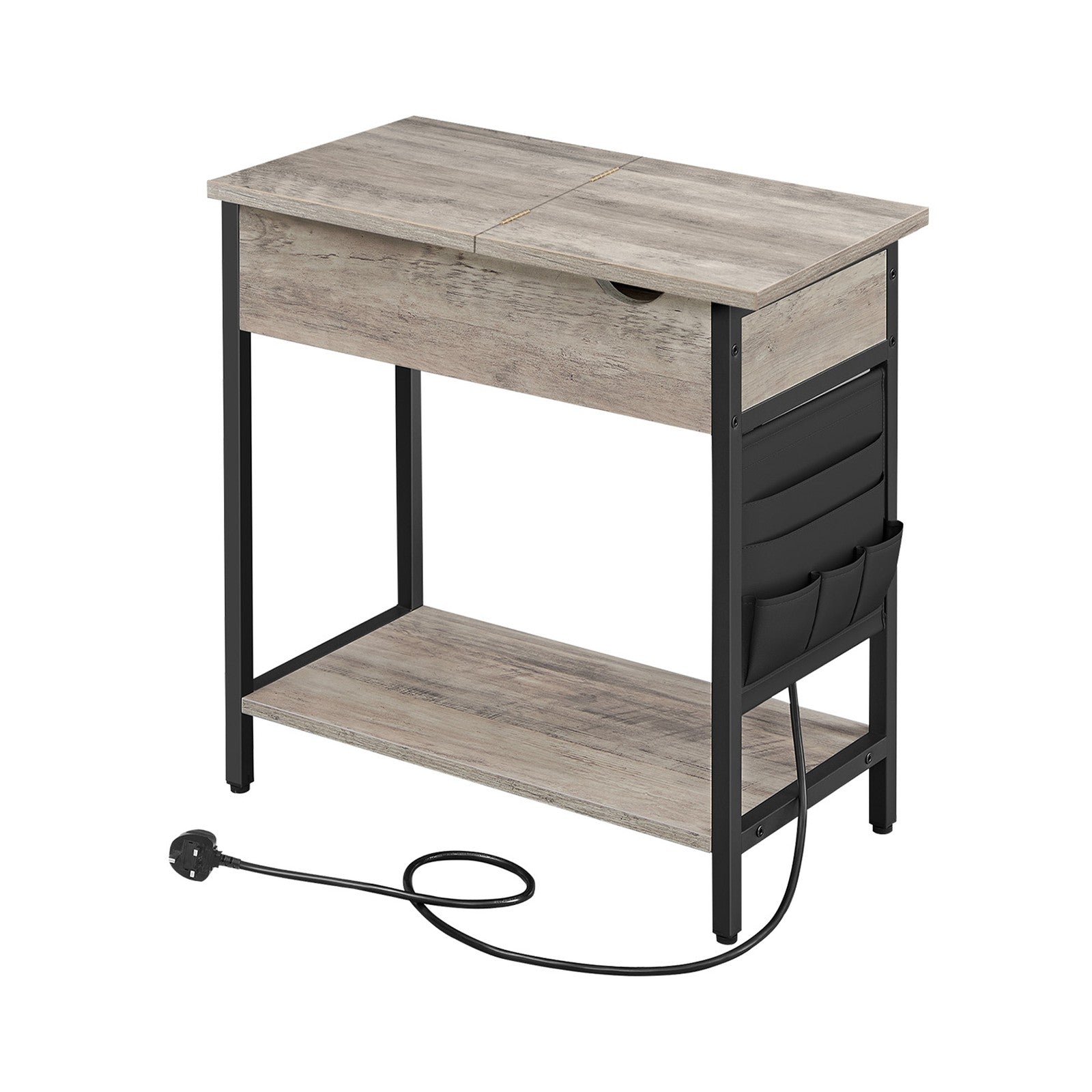 Narrow Nightstand - Wood - Rustic Brown and Black - Integrated Charging Station with USB Ports and Storage Bags