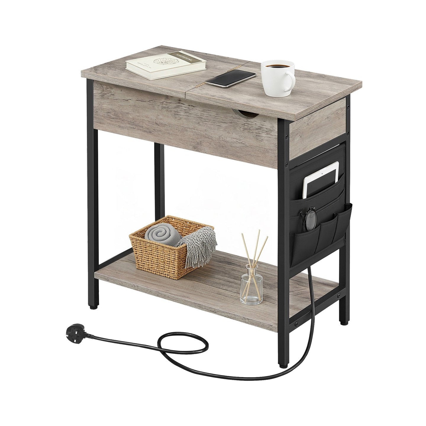 Narrow Nightstand - Wood - Rustic Brown and Black - Integrated Charging Station with USB Ports and Storage Bags